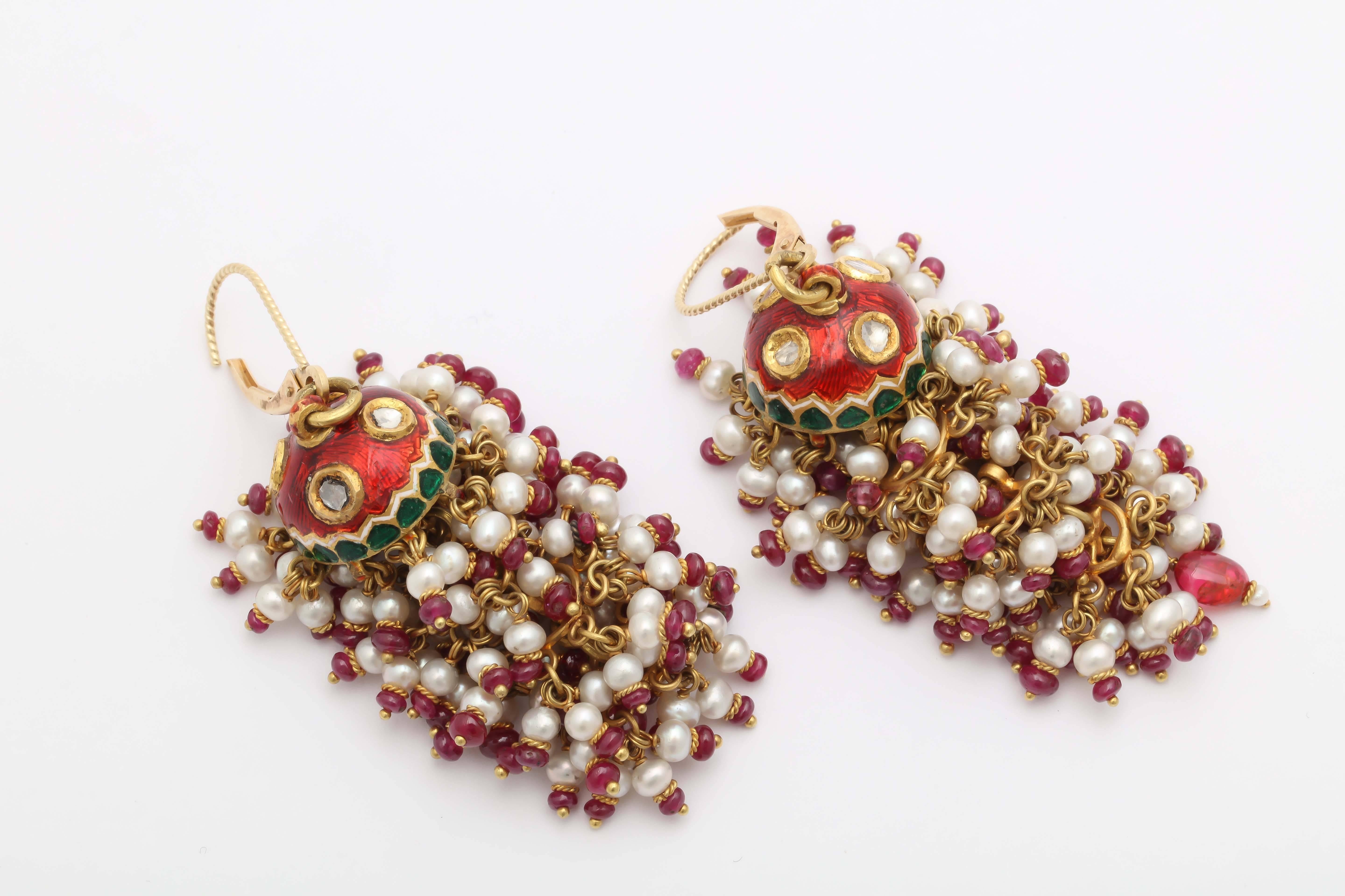 Exotic Enamel and Ruby Indian Tassle Earrings In Excellent Condition For Sale In TRYON, NC
