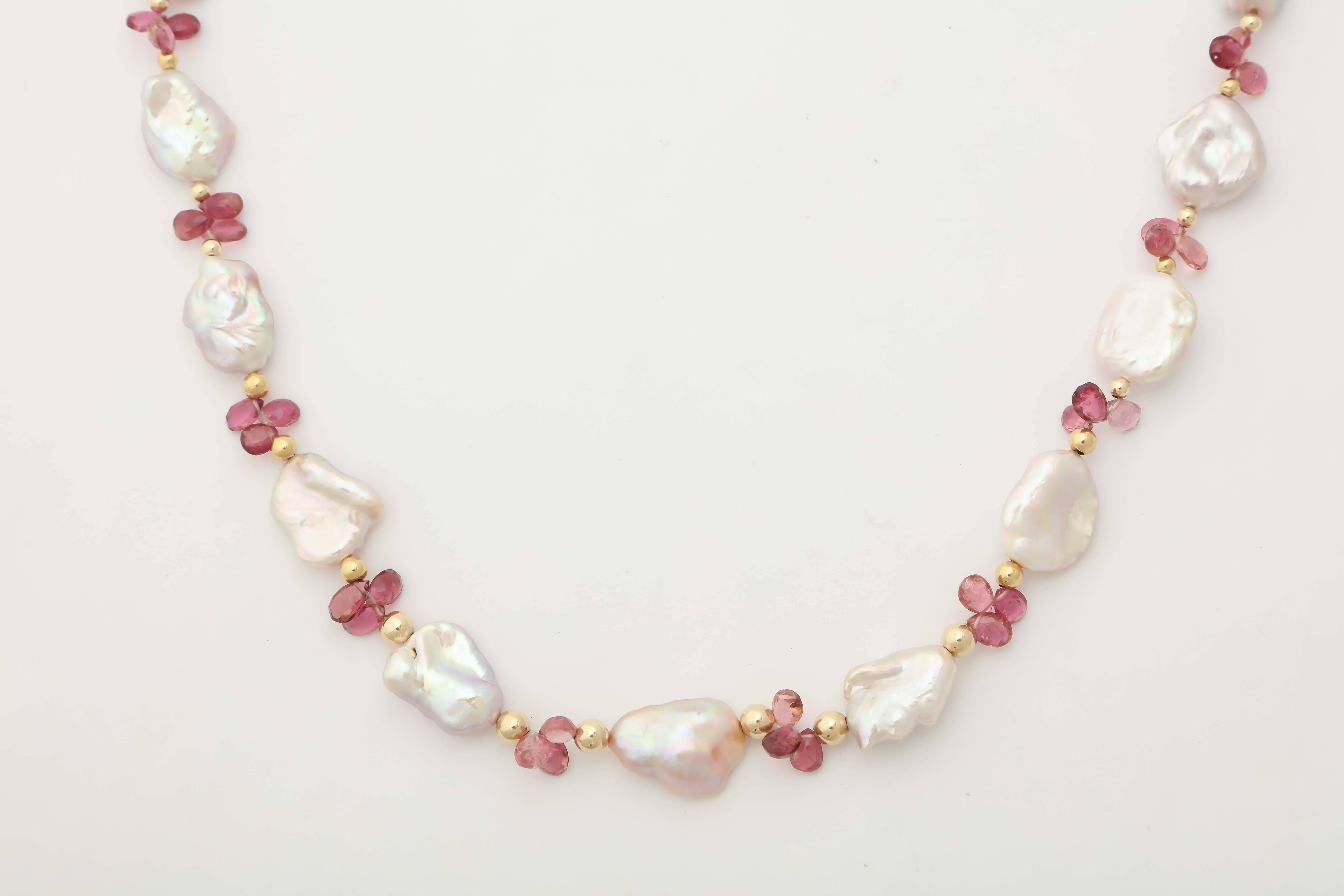 Artisan Luscious Pink Tourmaline and Pink Baroque Pearl Necklace For Sale