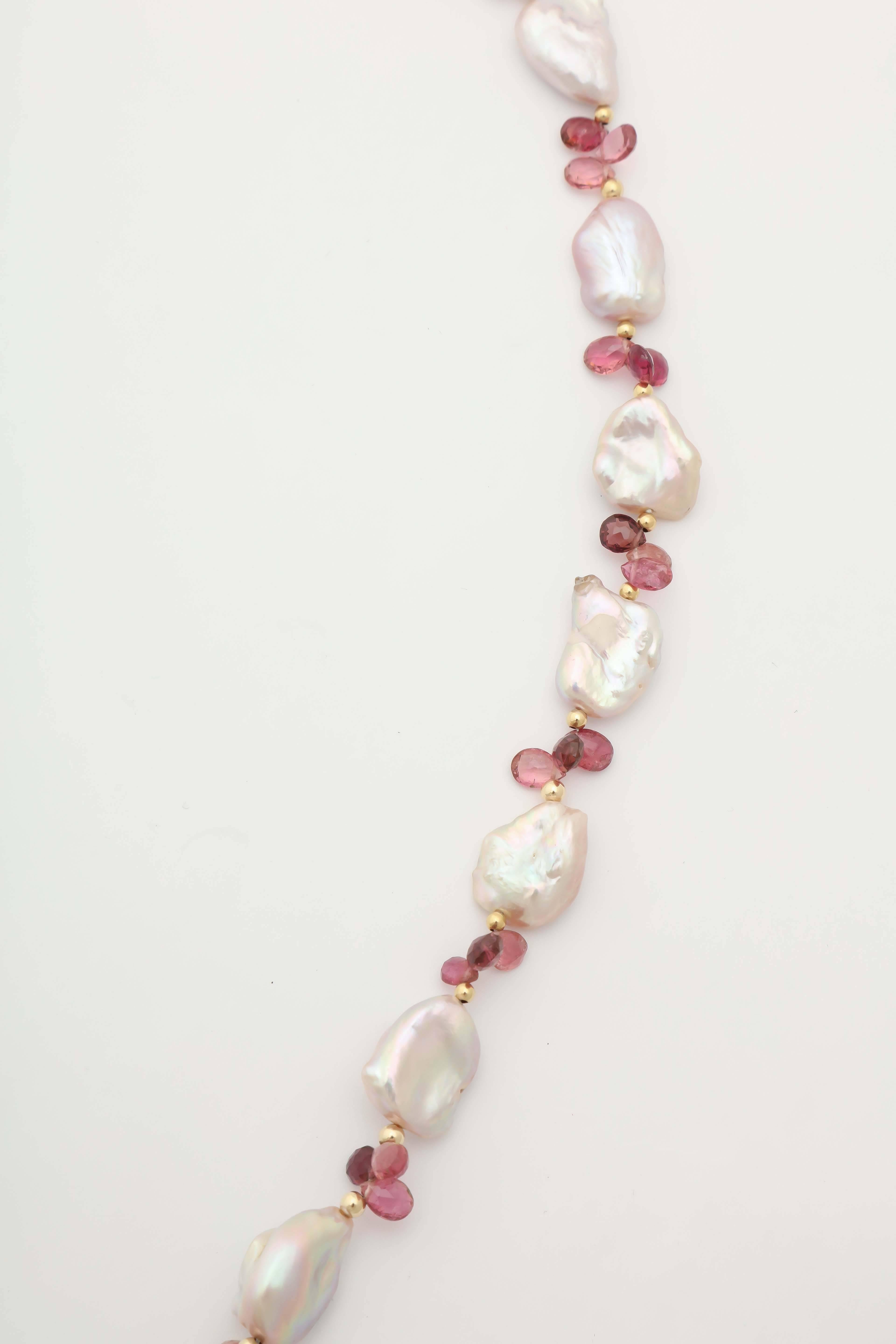 Women's or Men's Luscious Pink Tourmaline and Pink Baroque Pearl Necklace For Sale