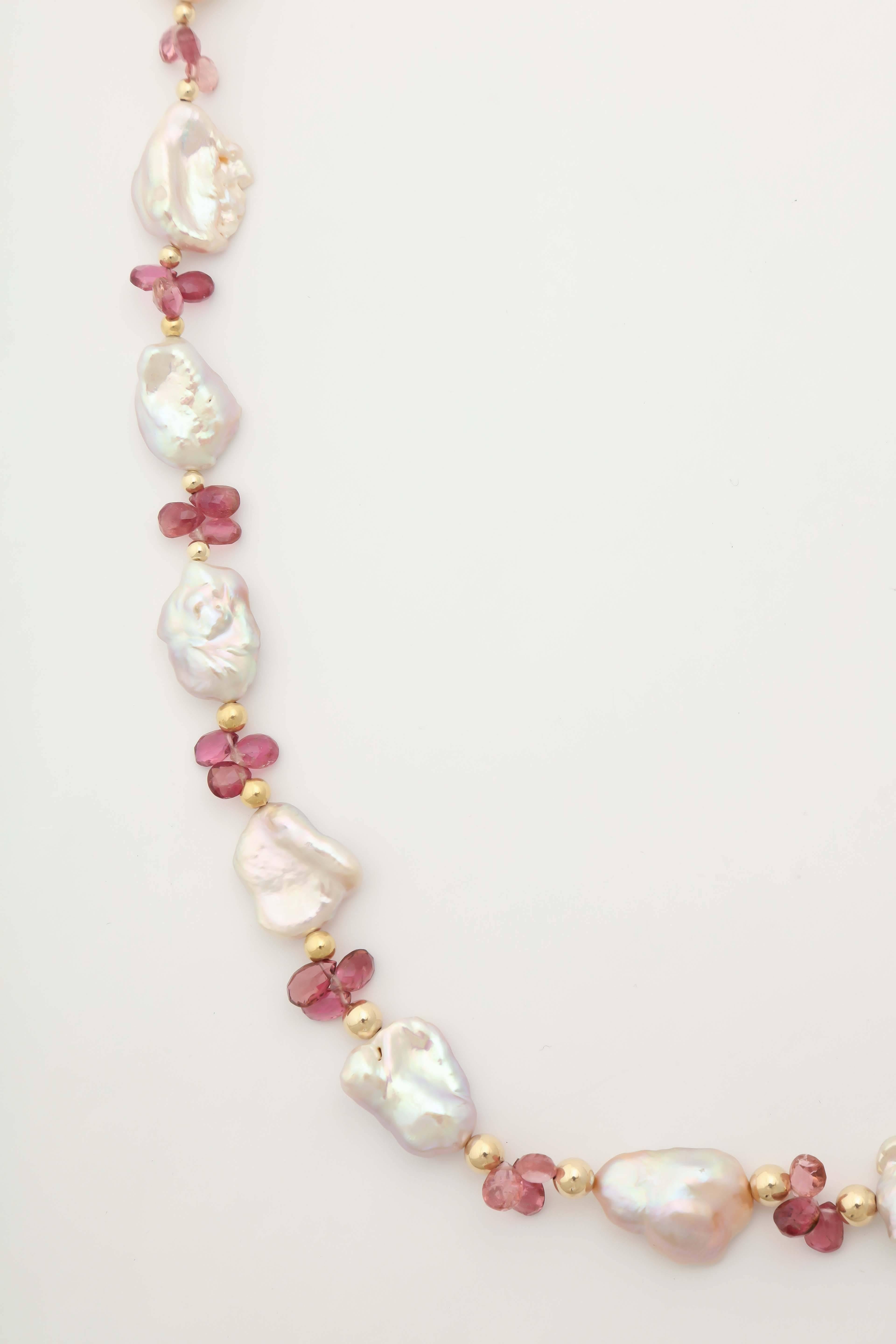 Luscious Pink Tourmaline and Pink Baroque Pearl Necklace For Sale 1