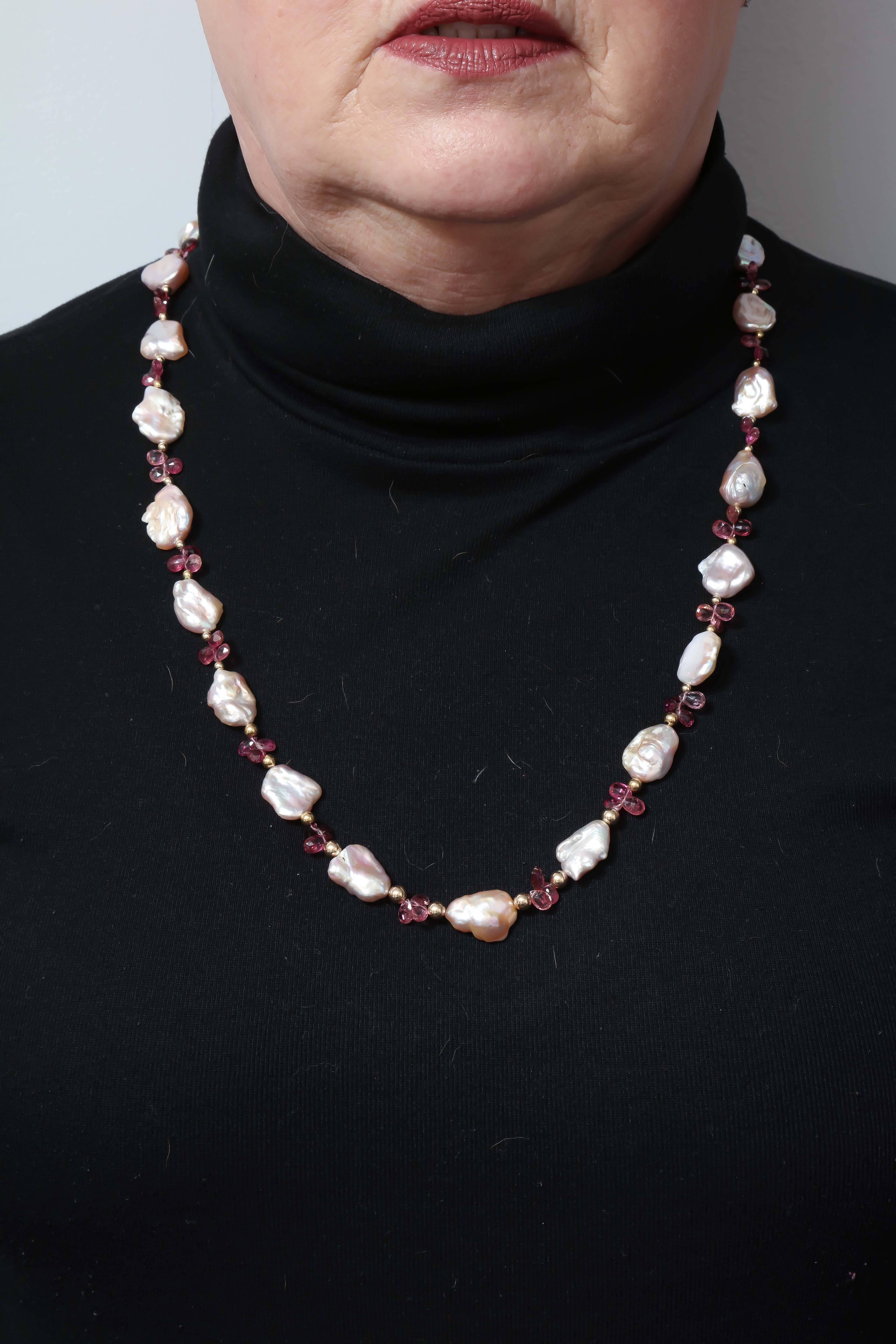 Luscious Pink Tourmaline and Pink Baroque Pearl Necklace For Sale 2