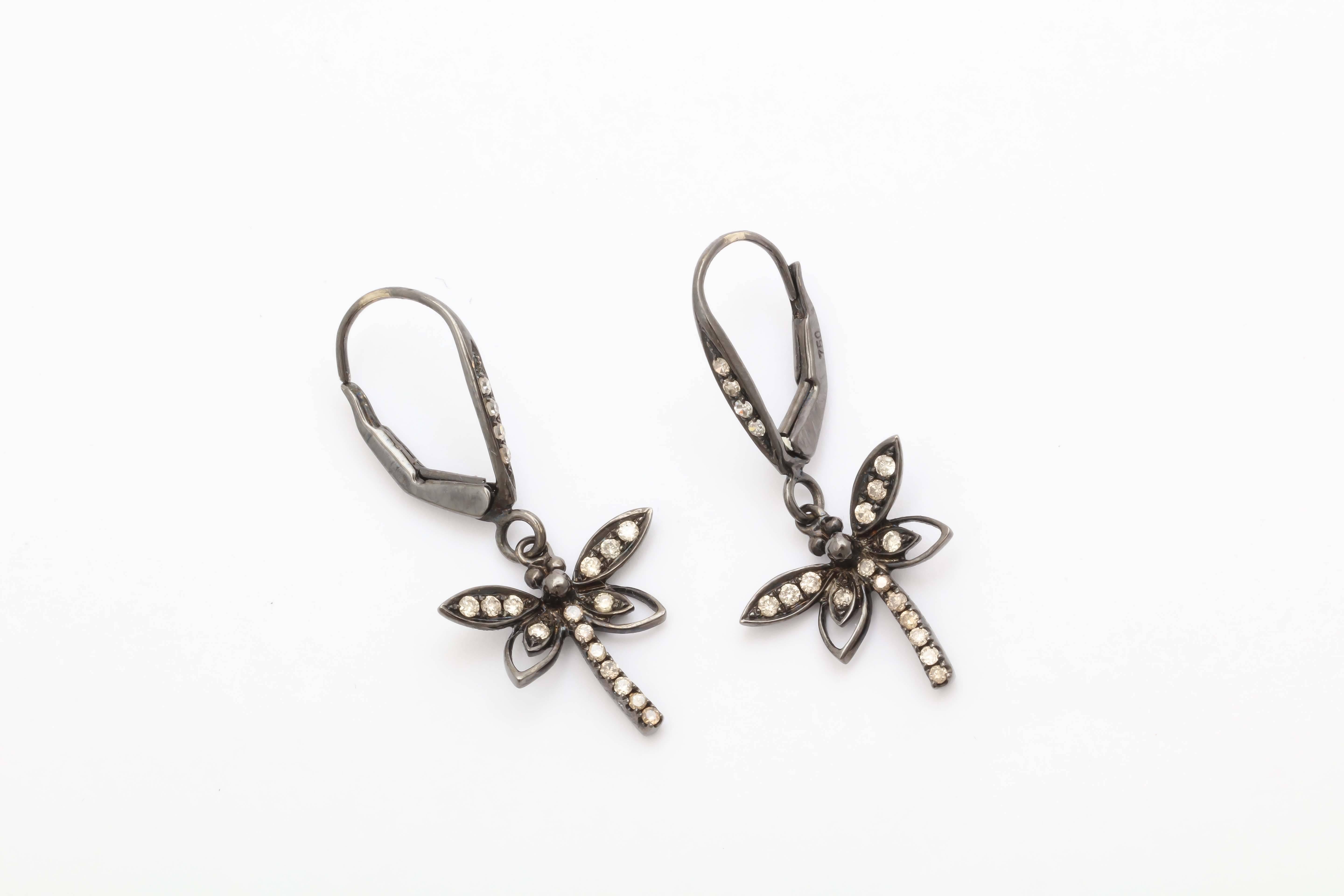 Artisan Delicate Gold and Diamond Dragonfly Earrings For Sale