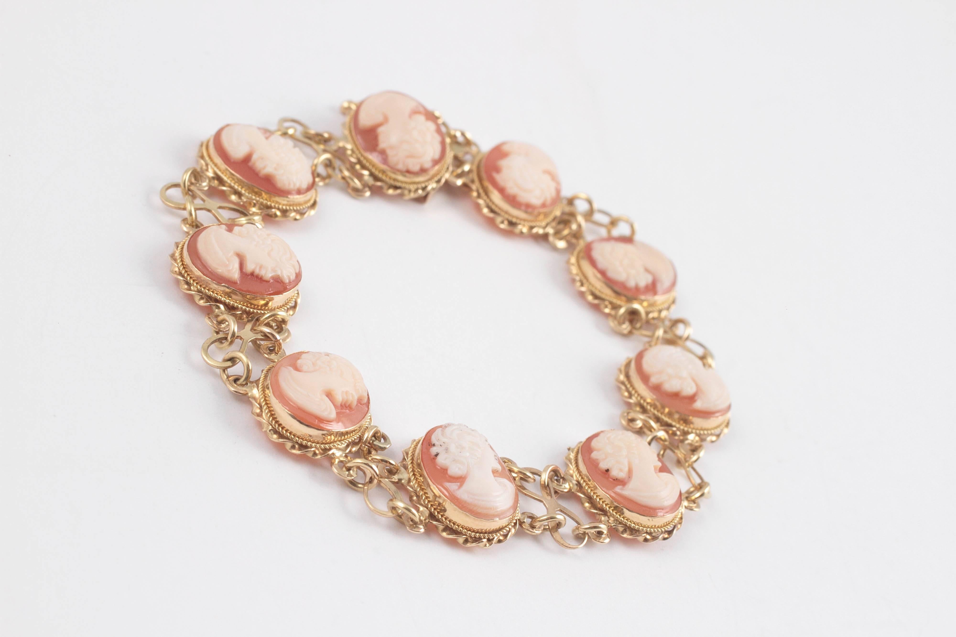 18 Karat yellow gold shell cameo bracelet.  We get a lot of cameo pins, but not so many bracelets.  Try this one out.  