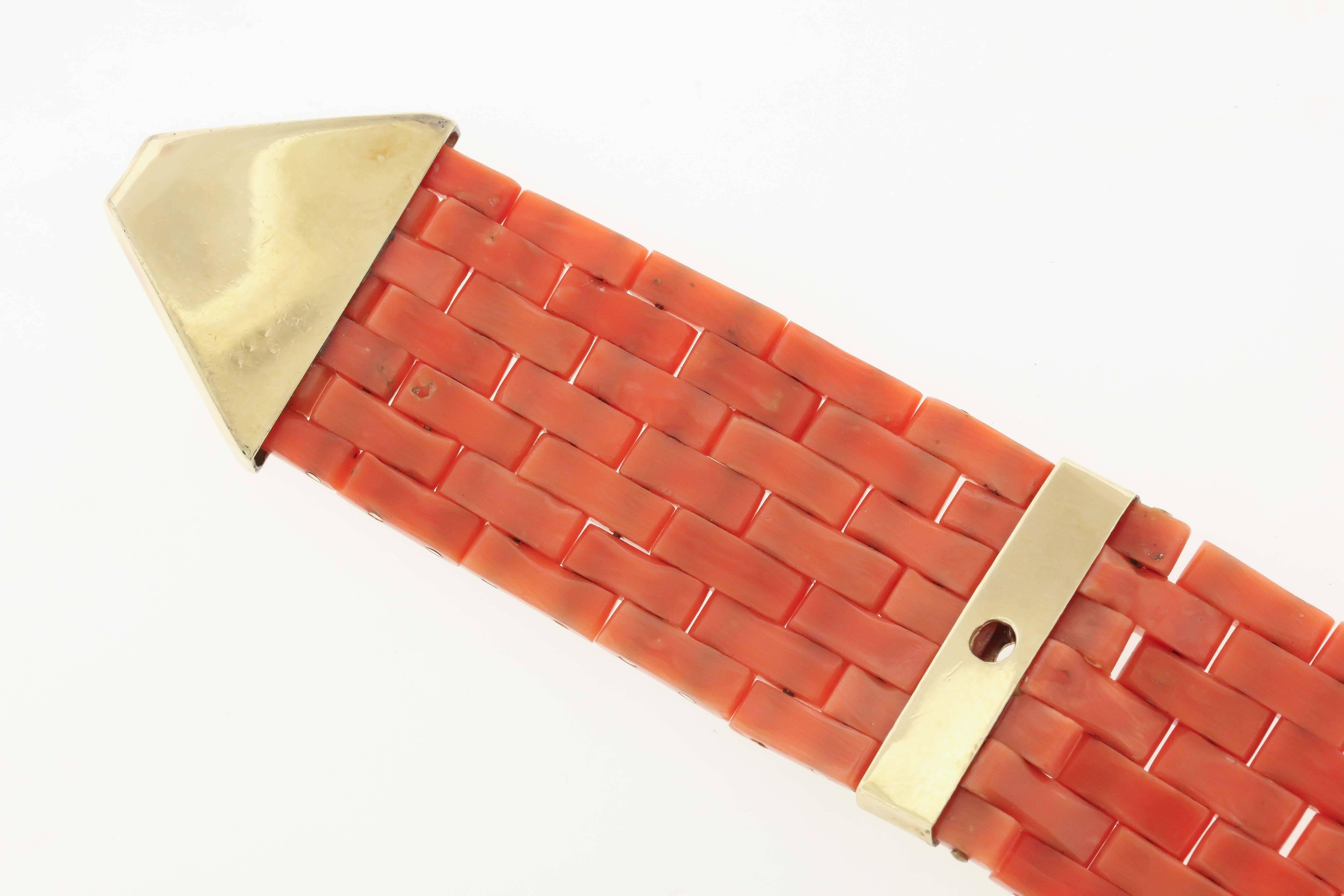 Antique Coral Gold Brickwork Link Bracelet 2