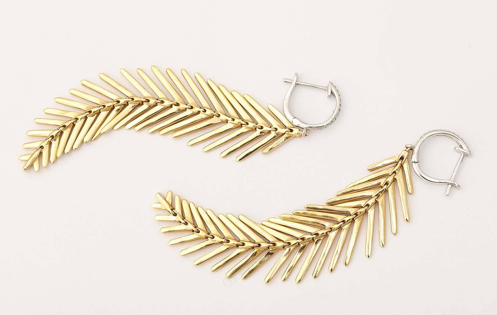 Contemporary Gold and Diamond Feather Earrings