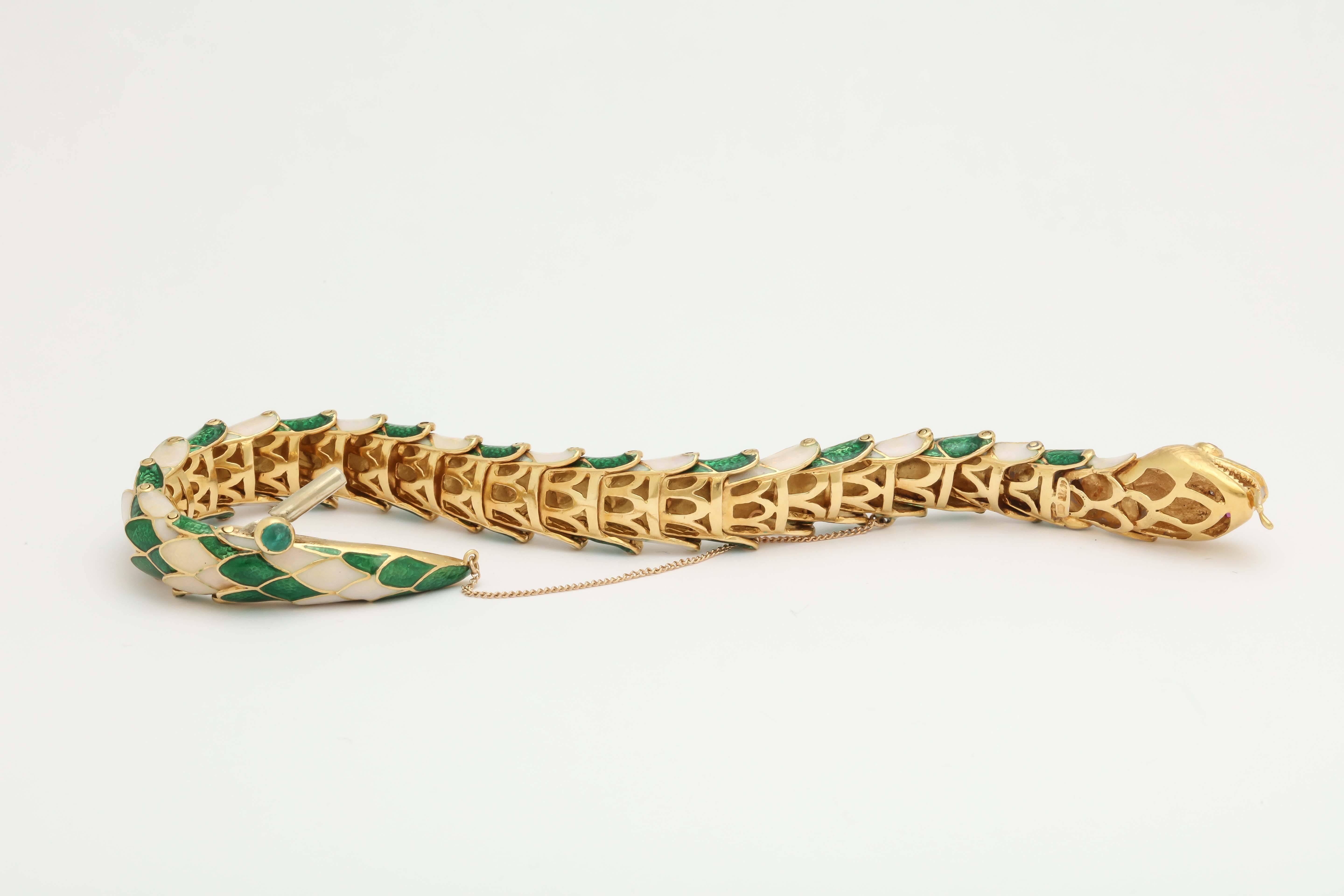 1950s Green and White Enamel Diamond Gold Flexible Serpent Bracelet  4