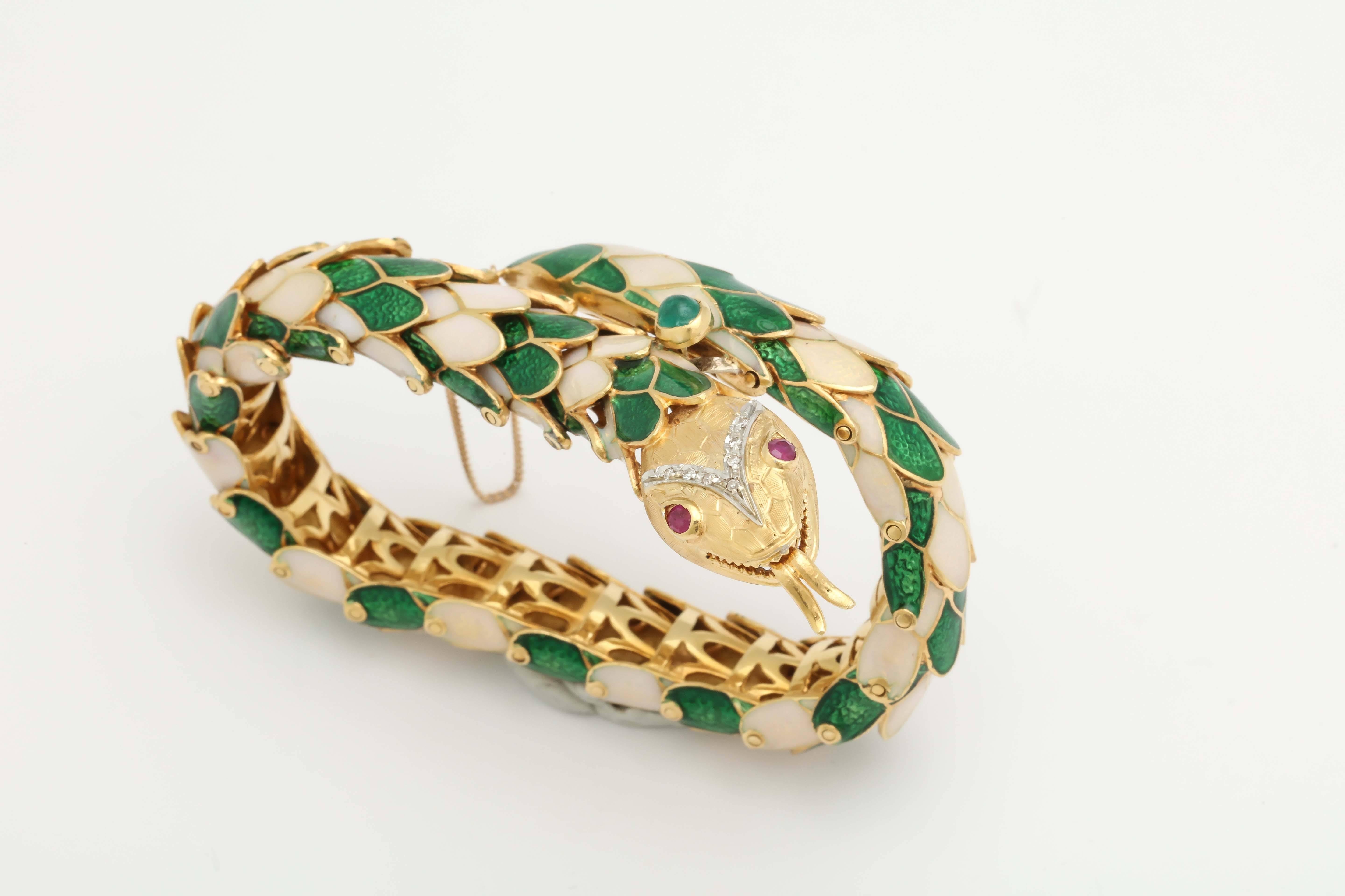 1950s Green and White Enamel Diamond Gold Flexible Serpent Bracelet  5