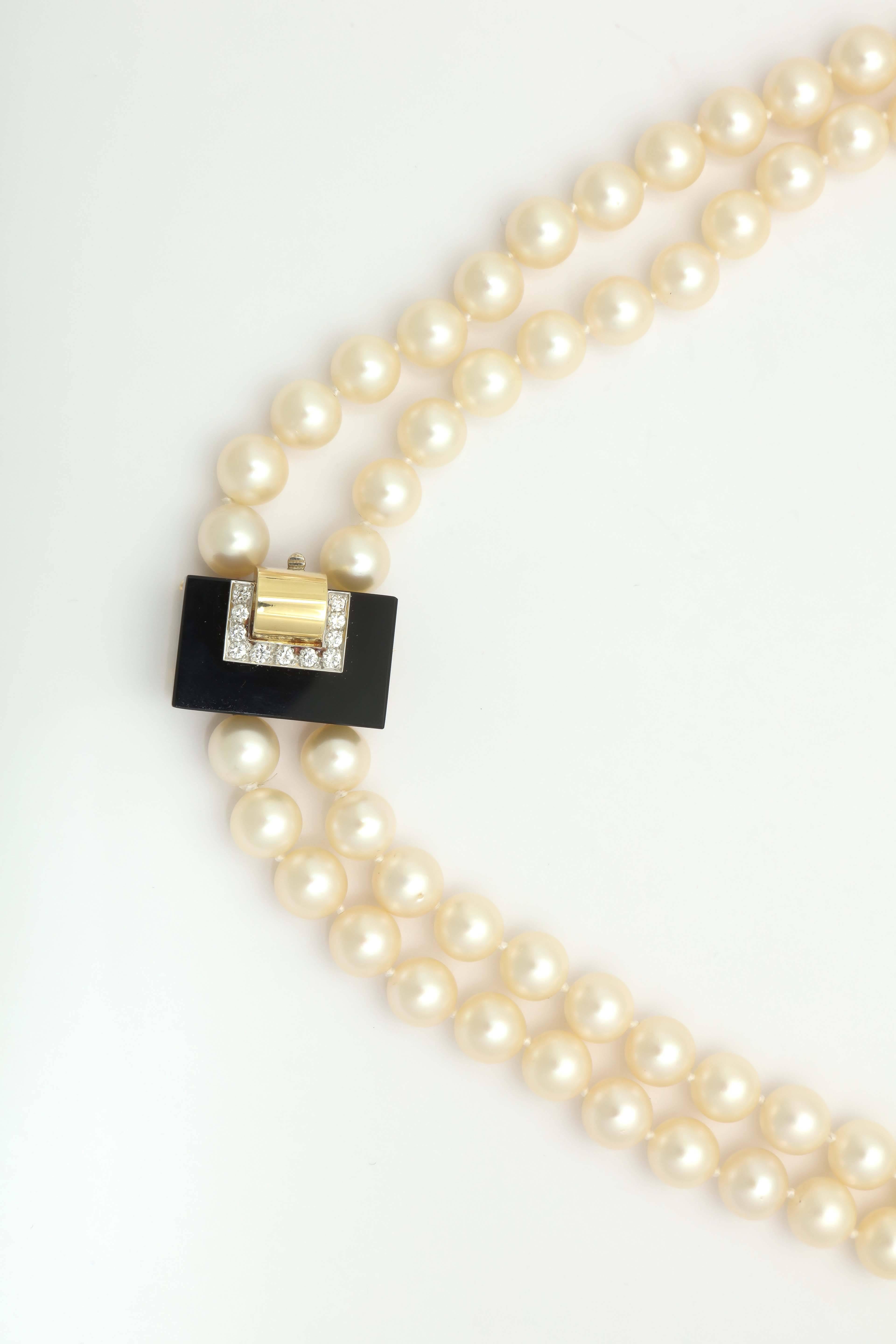 Women's 1970s Cartier Pearl Onyx Diamond Gold Platinum Necklace Bracelet Suite