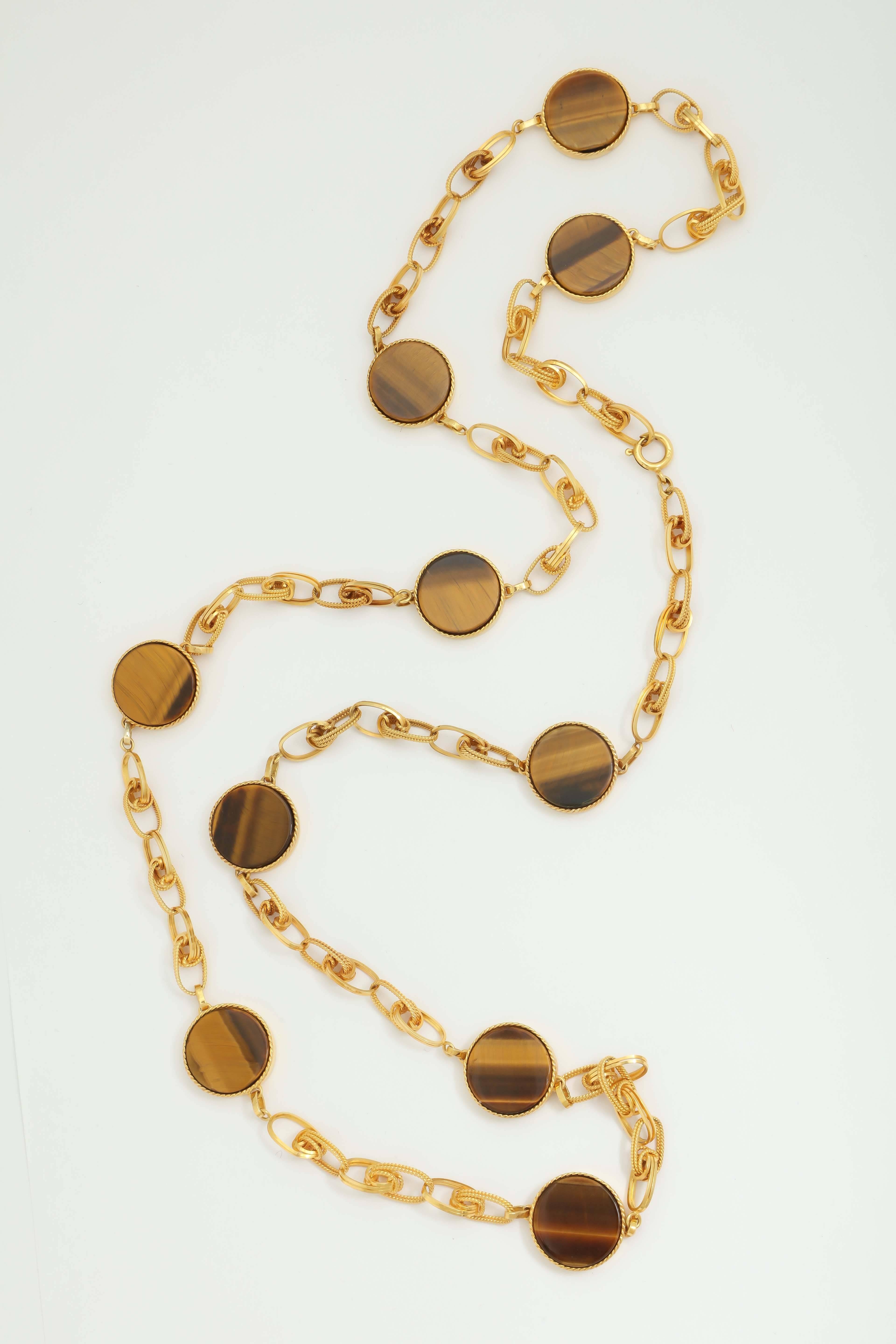 1960s Tiger's Eye Discs and Gold Reversible Necklace Bracelet Chic Ensemble 1
