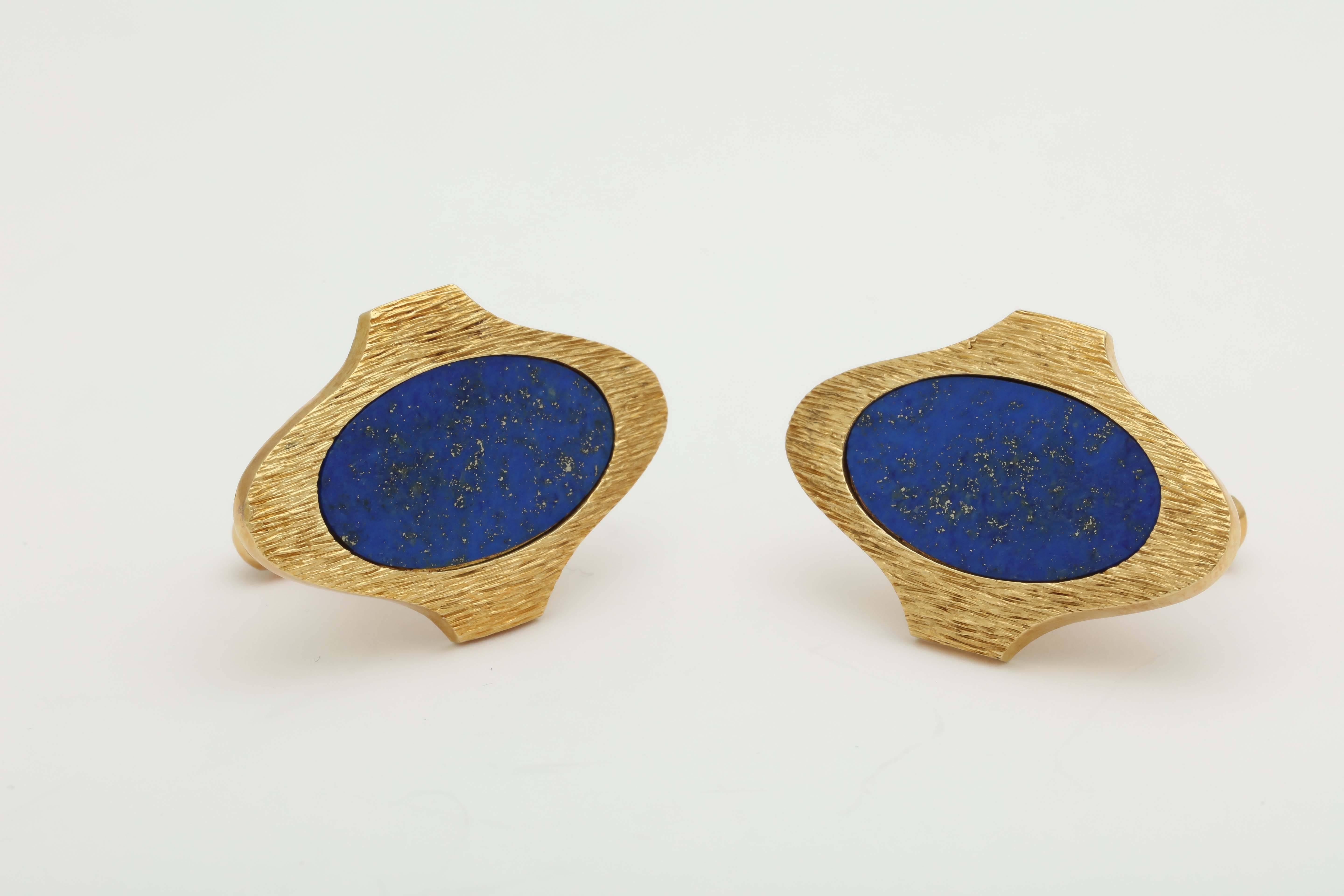 14kt Textured  Yellow Gold Large Cufflinks Centering A 25MM Large Oval Cut Lapis-Lazuli Stone and Designed With a Branch Like Textured Gold Craftmanship. Easy Click-Up On And Off Closure For Easy Wear.