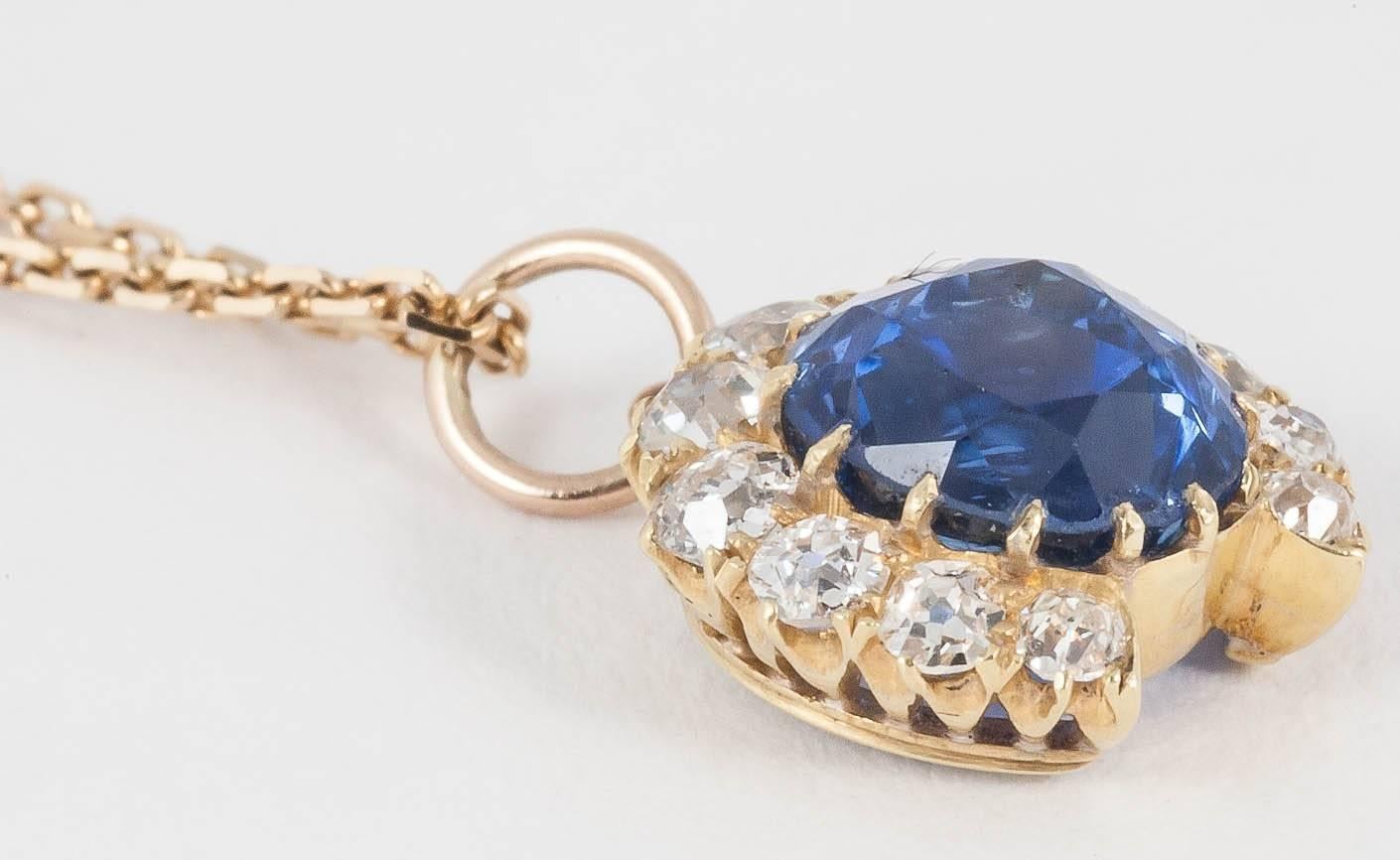 High Victorian 1870s Fine Natural Coloured Ceylon Sapphire Diamond Gold Pendant