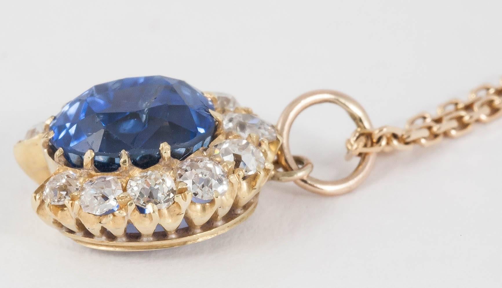 1870s Fine Natural Coloured Ceylon Sapphire Diamond Gold Pendant In New Condition In London, GB