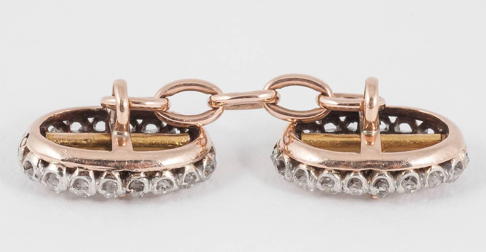 High Victorian 1870s French Old Cut Diamond Silver and Gold Mounted Buckle Cufflinks For Sale