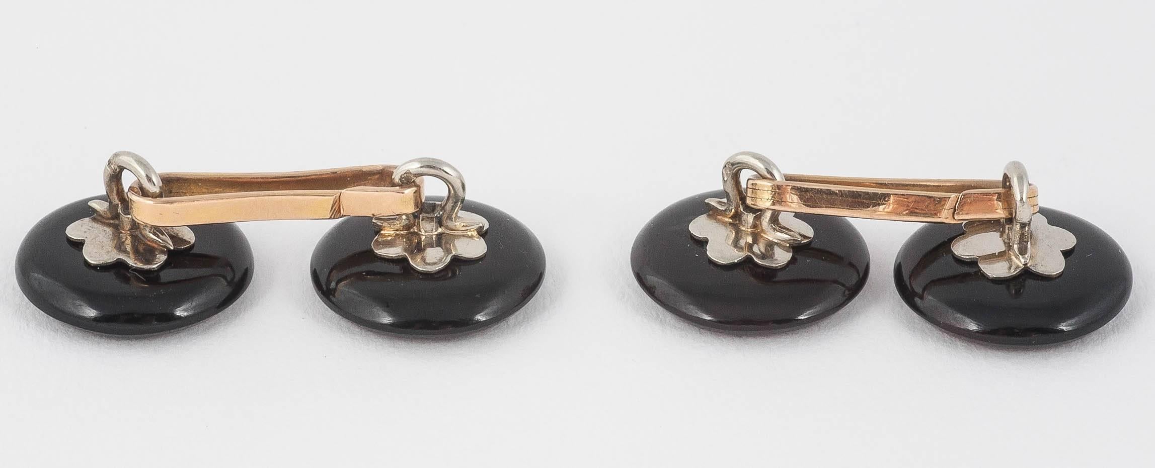 French Edwardian Onyx Diamond Gold Platinum Cufflinks In Excellent Condition For Sale In London, GB