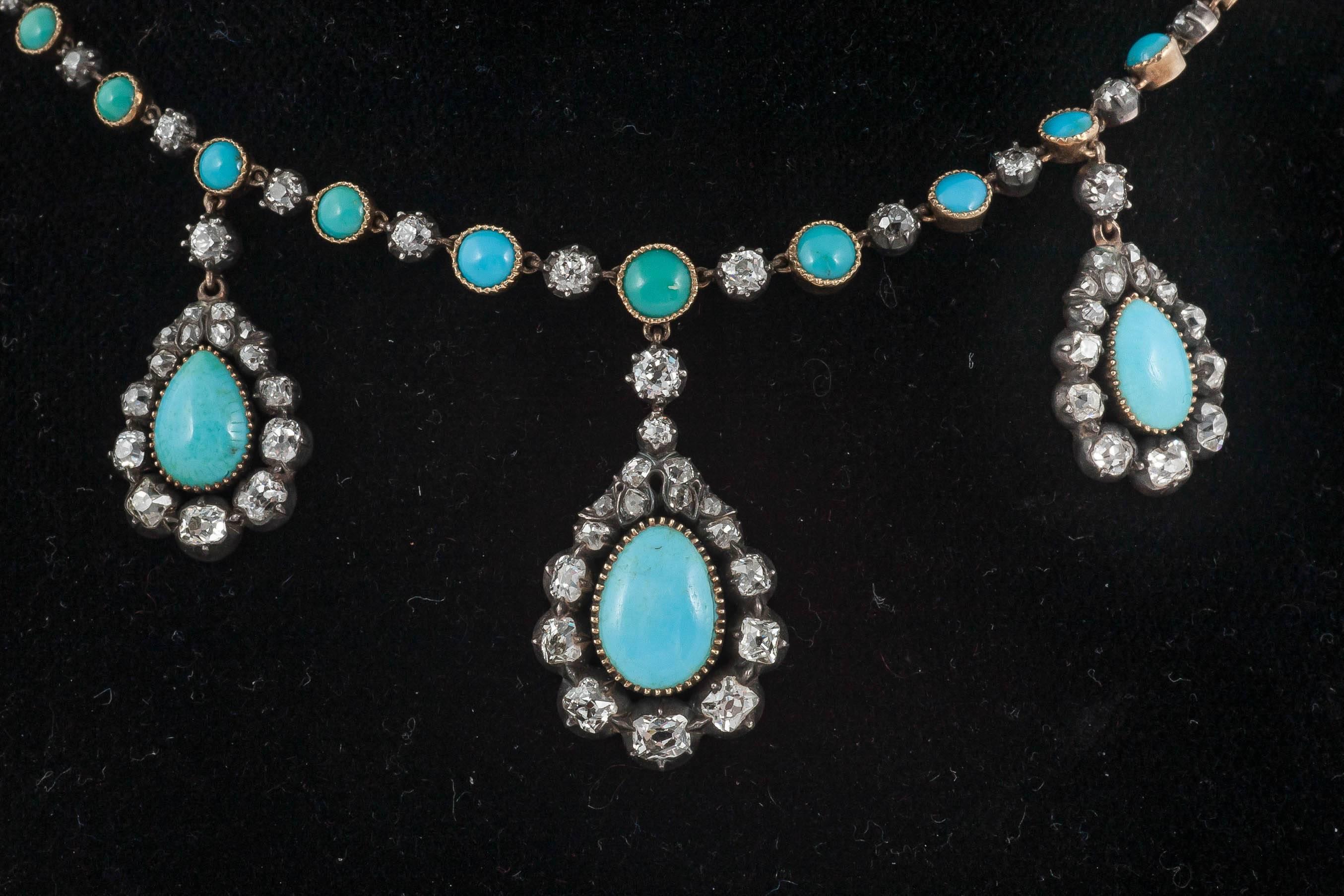 Edwardiam Persian Turquois e and Diamond necklace set in Silver and Gold on Prince of Wales link chain