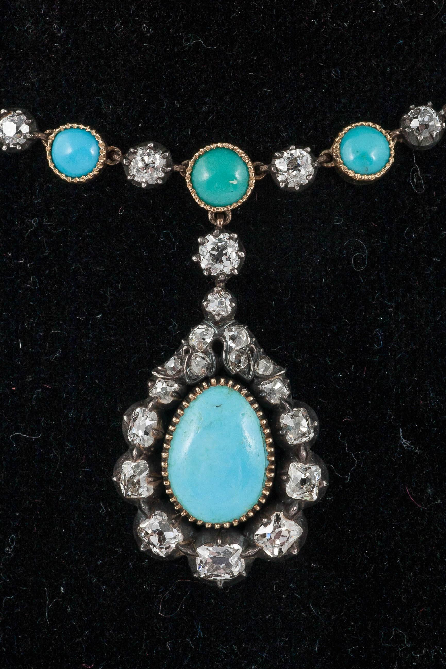 Edwardian Turquoise Diamond Silver Gold Set Necklace In Excellent Condition For Sale In London, GB