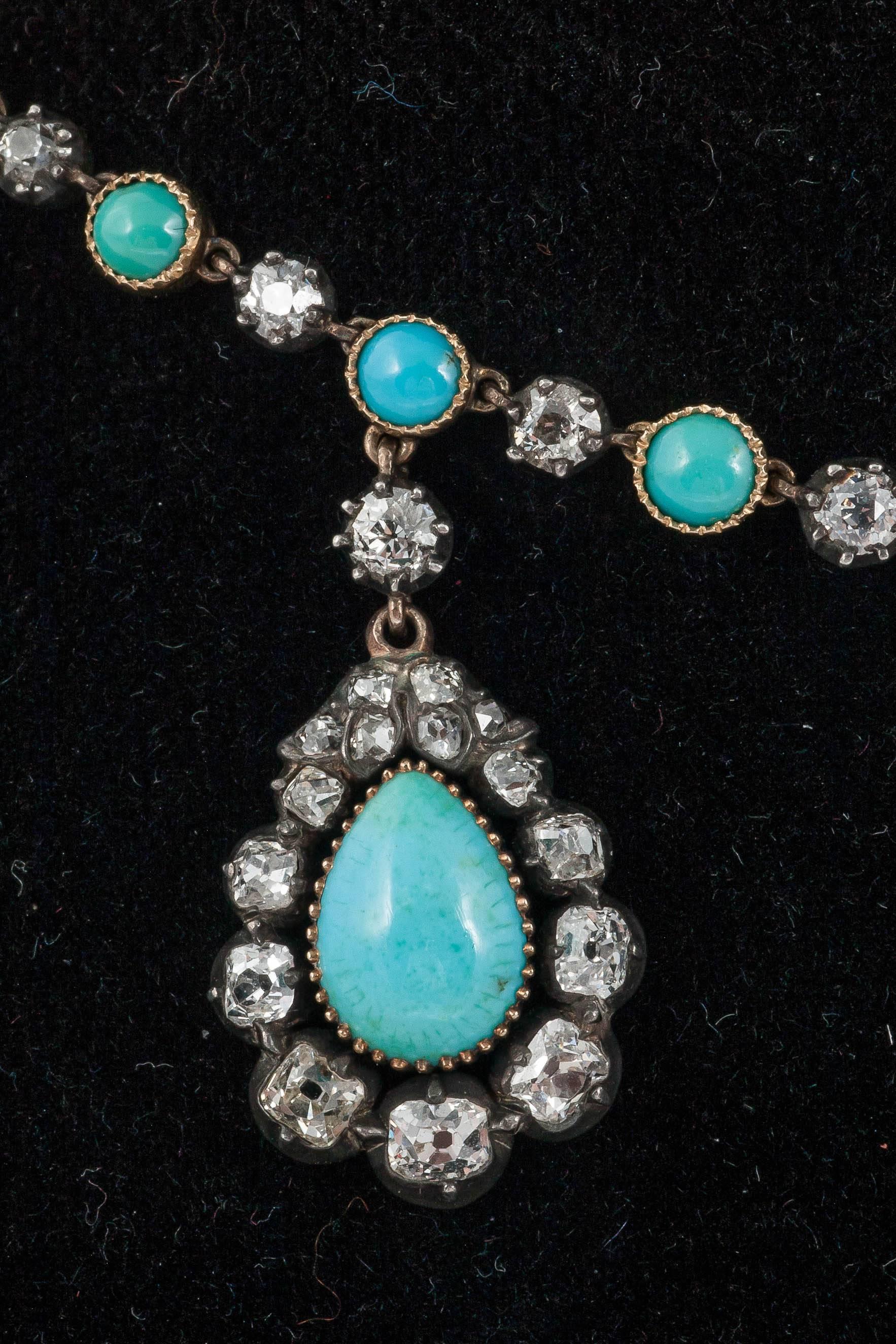 Women's Edwardian Turquoise Diamond Silver Gold Set Necklace For Sale