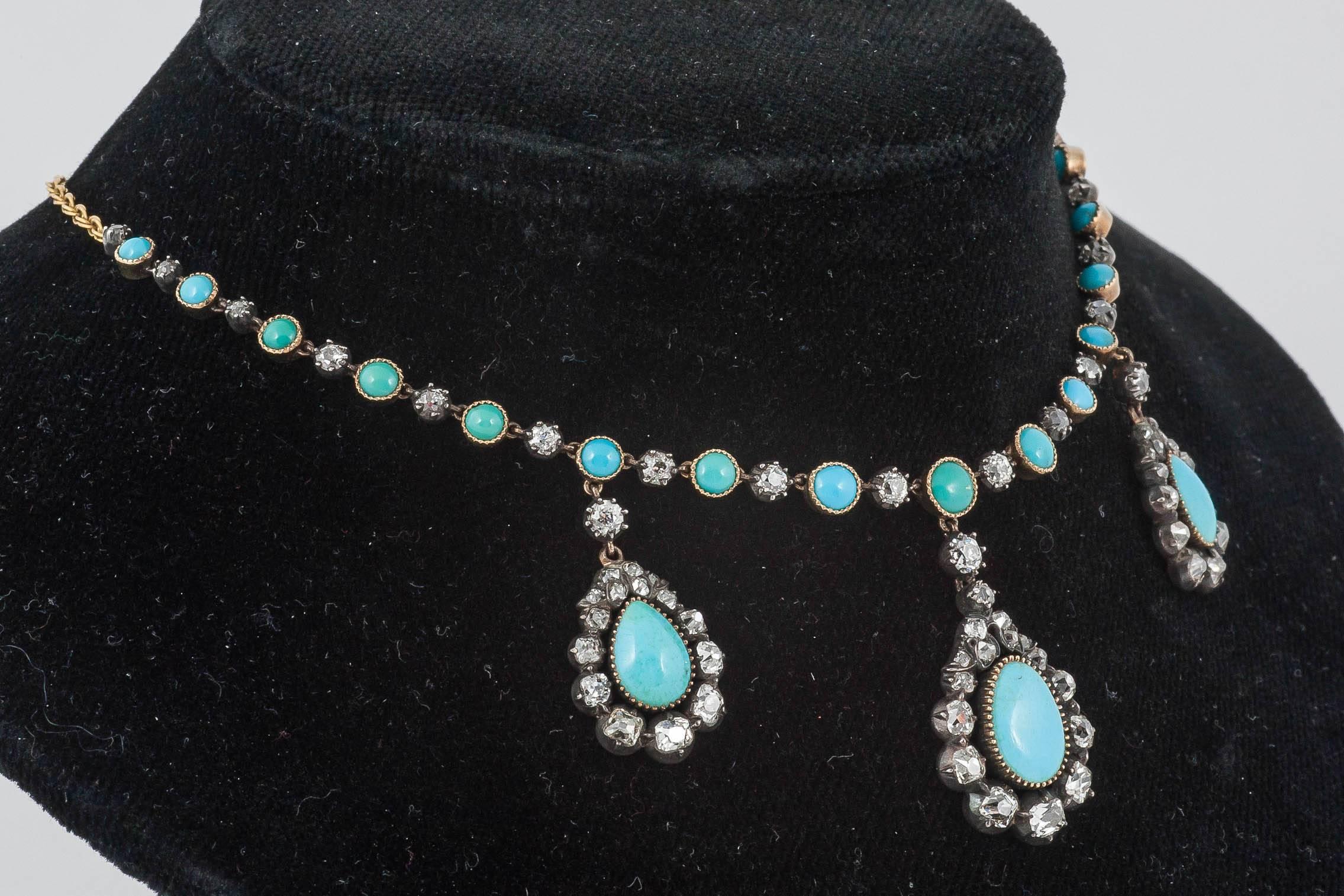 Edwardian Turquoise Diamond Silver Gold Set Necklace For Sale 1