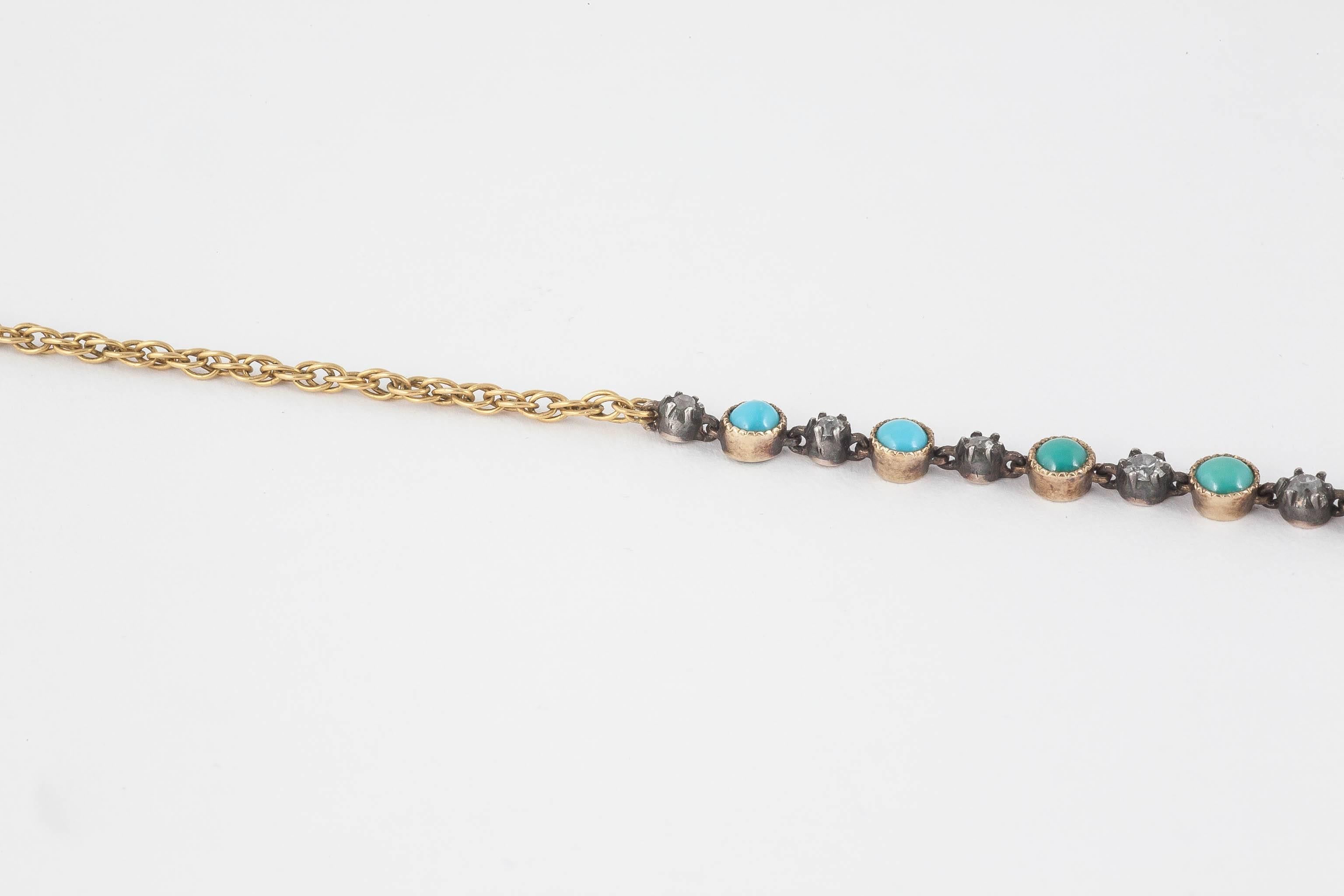 Edwardian Turquoise Diamond Silver Gold Set Necklace For Sale 2