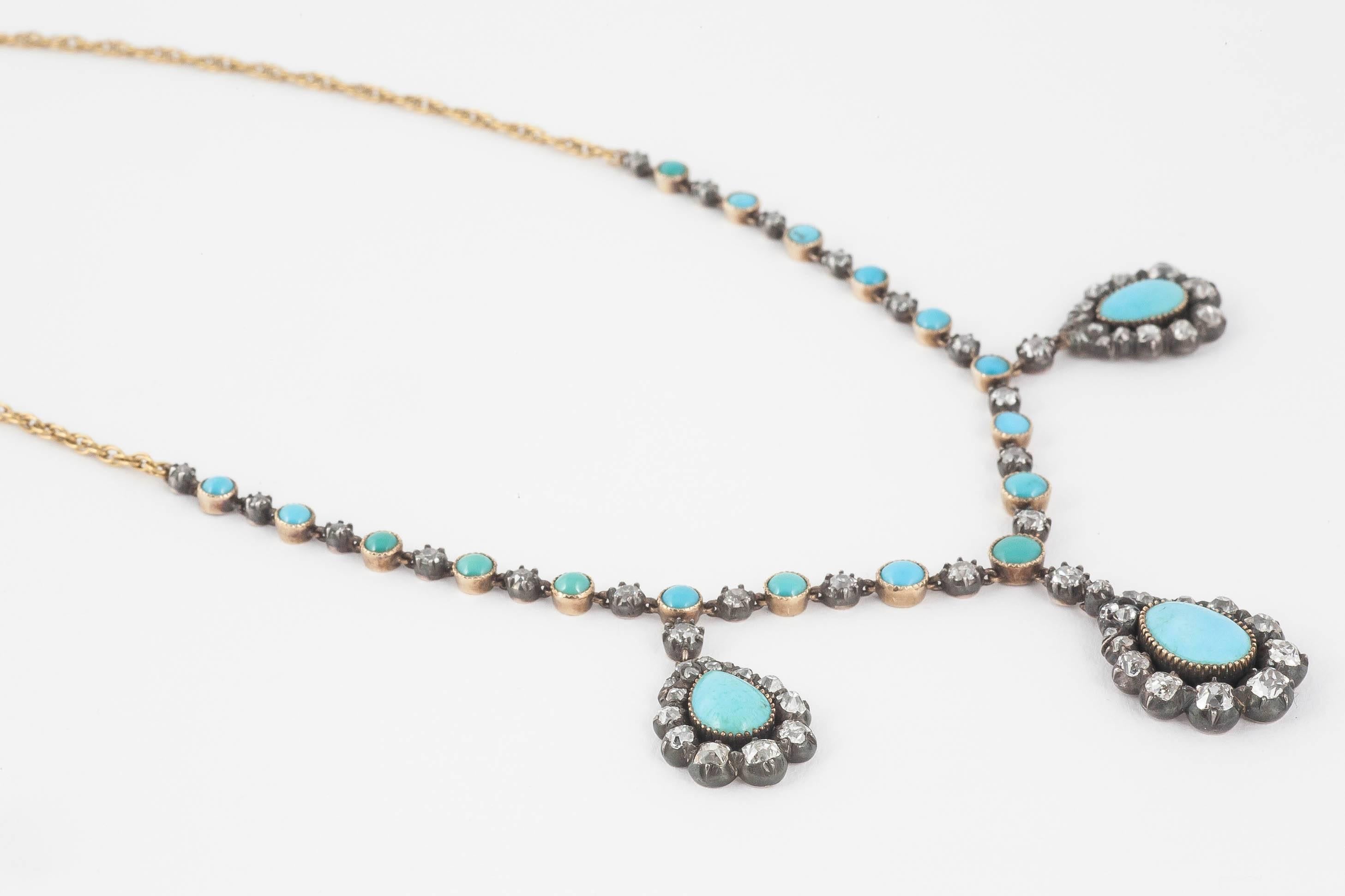 Edwardian Turquoise Diamond Silver Gold Set Necklace For Sale 3