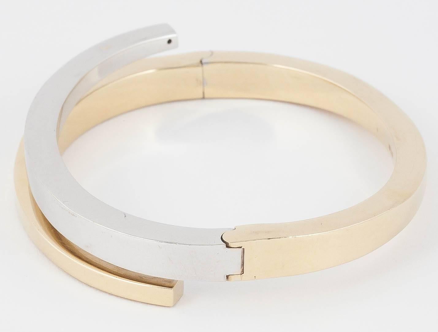 Modernist 2 Colour Gold Hinged Bangle Bracelet For Sale 1