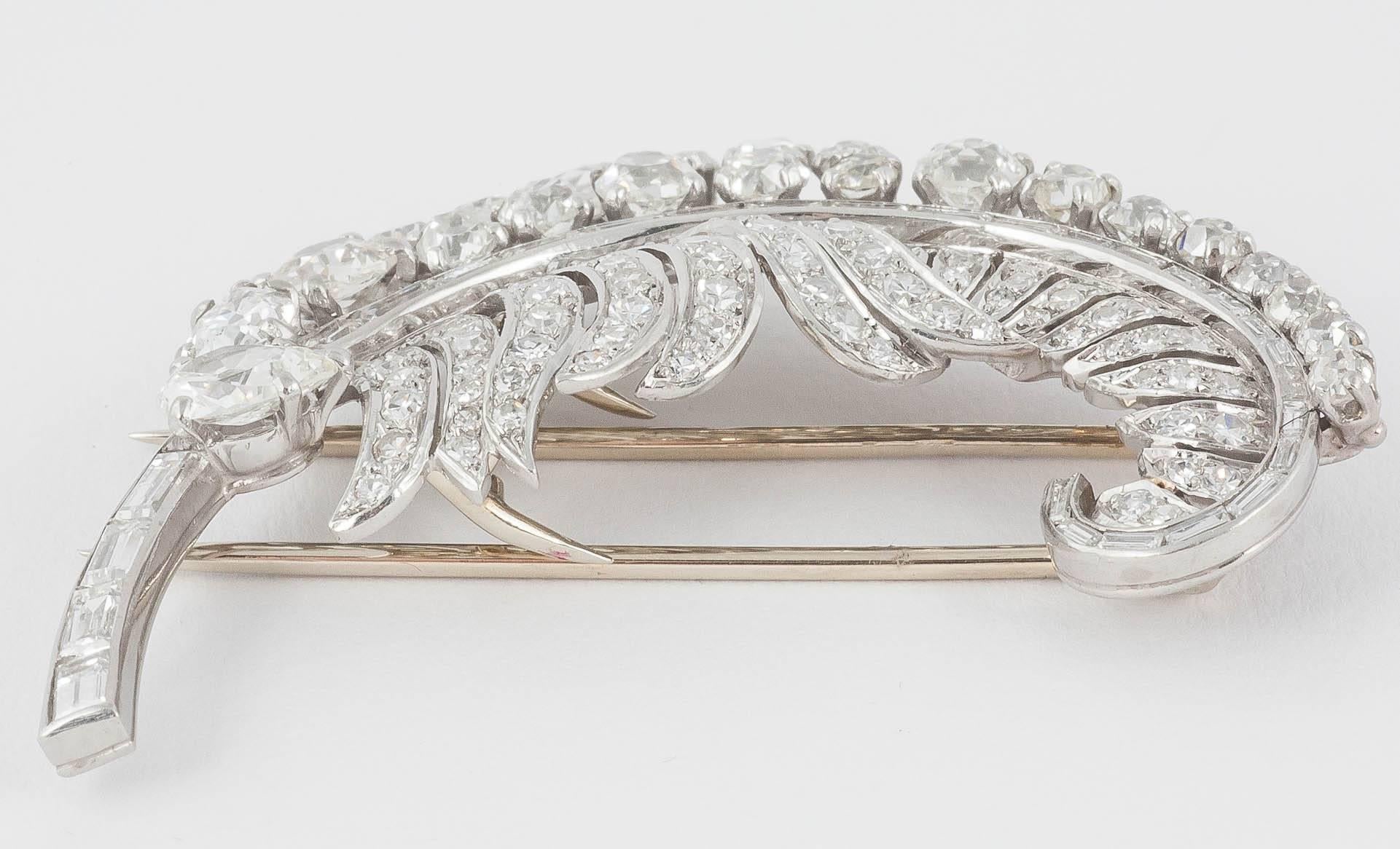 French stylish Diamond feather in Platinum and 18ct white Gold, set with mixed cut Diamonds. French control marks and unidentified makers marks