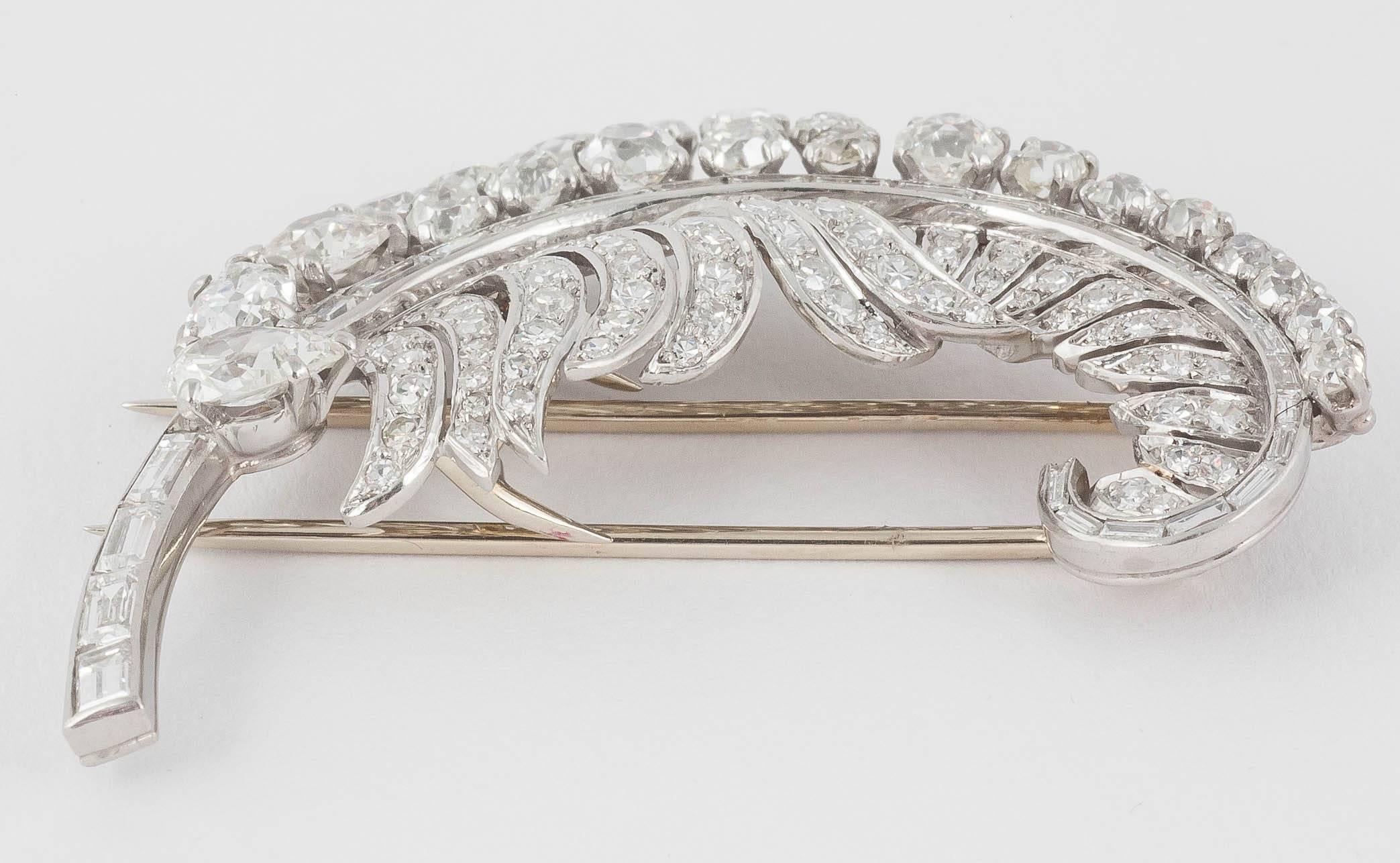 Curled Diamond Gold Platinum Feather Brooch For Sale 1