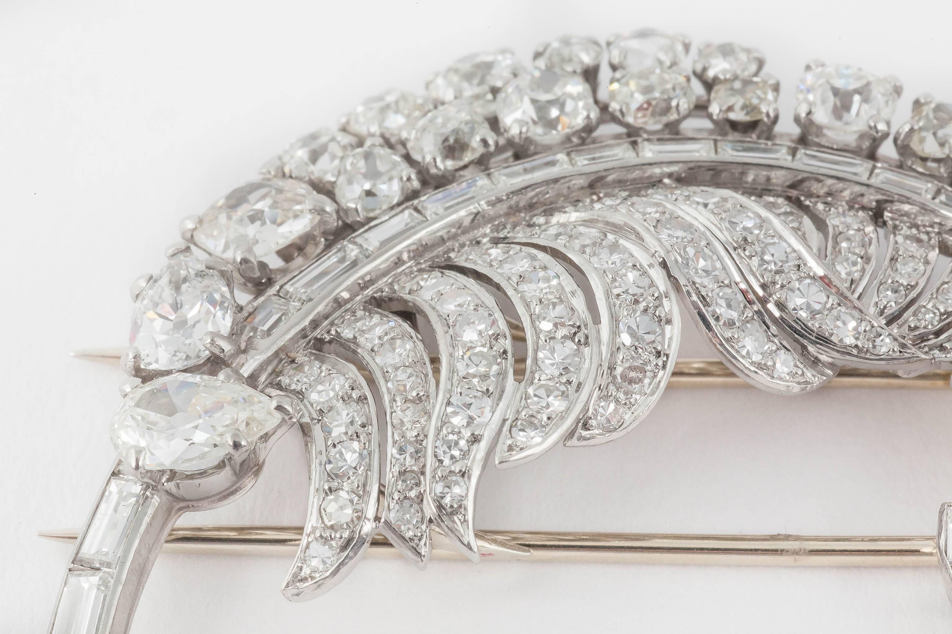 Curled Diamond Gold Platinum Feather Brooch For Sale 3