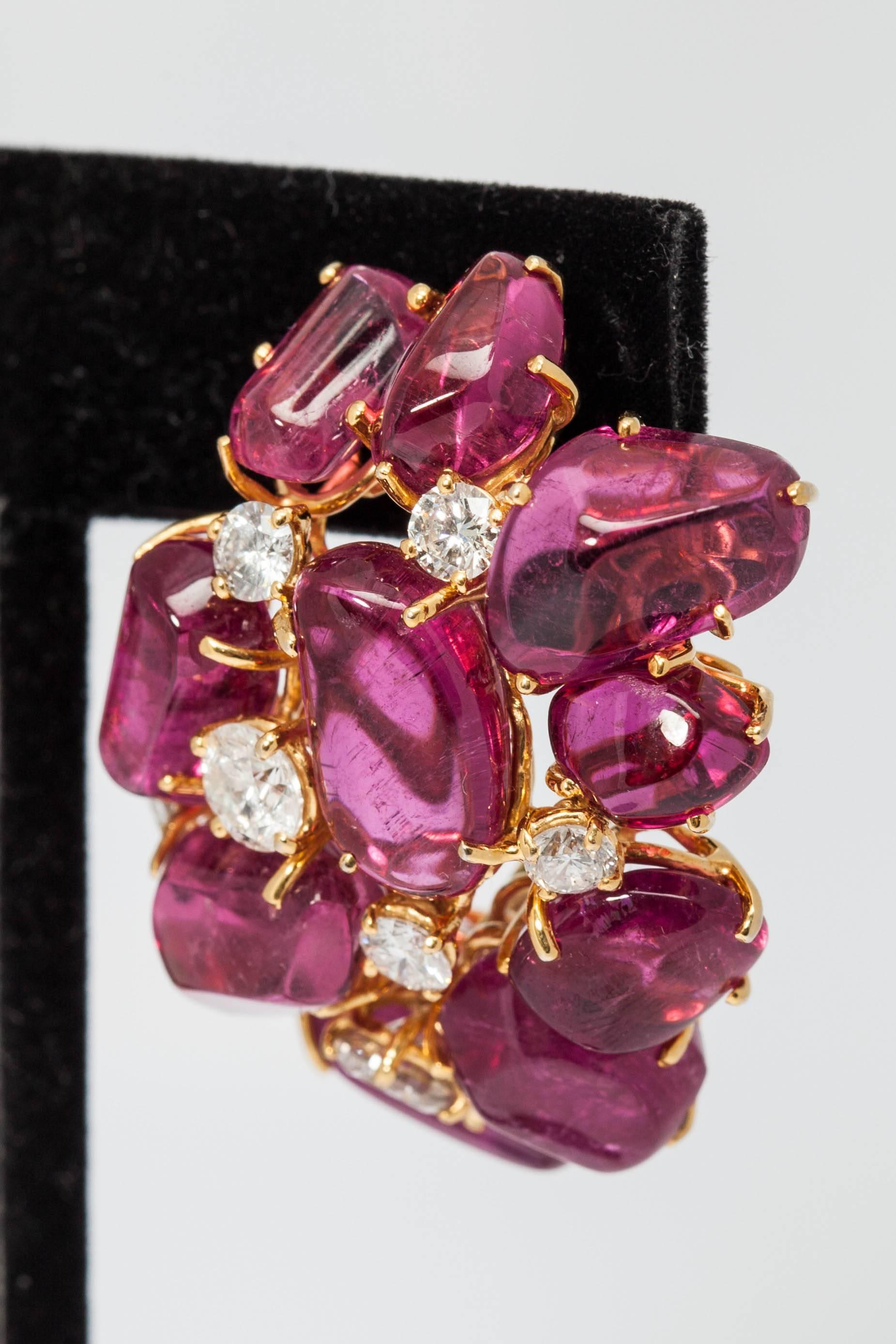 1970s Bold Tourmaline Diamond Gold Cluster Ear Clips  In Excellent Condition In New York, NY