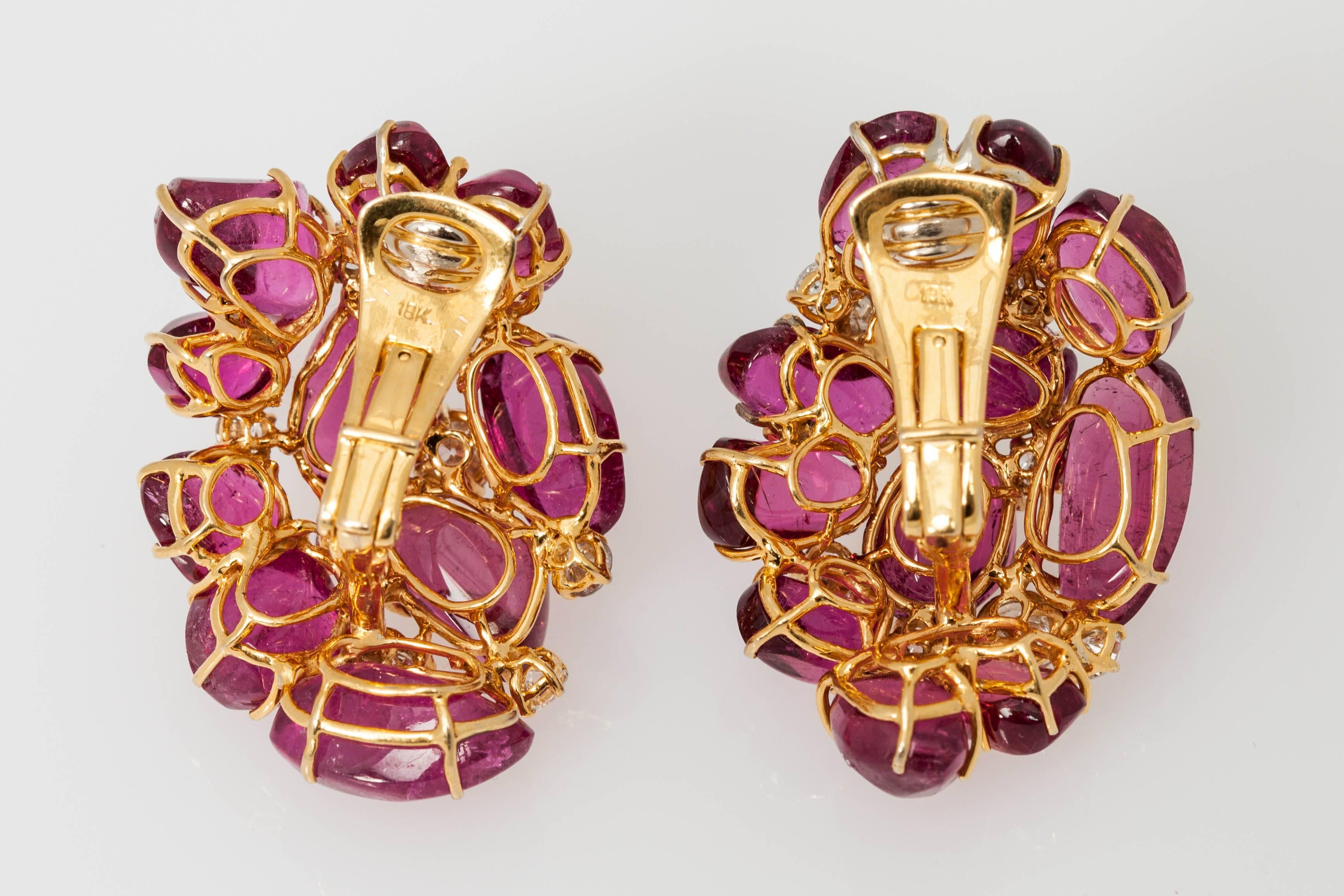 Women's 1970s Bold Tourmaline Diamond Gold Cluster Ear Clips 