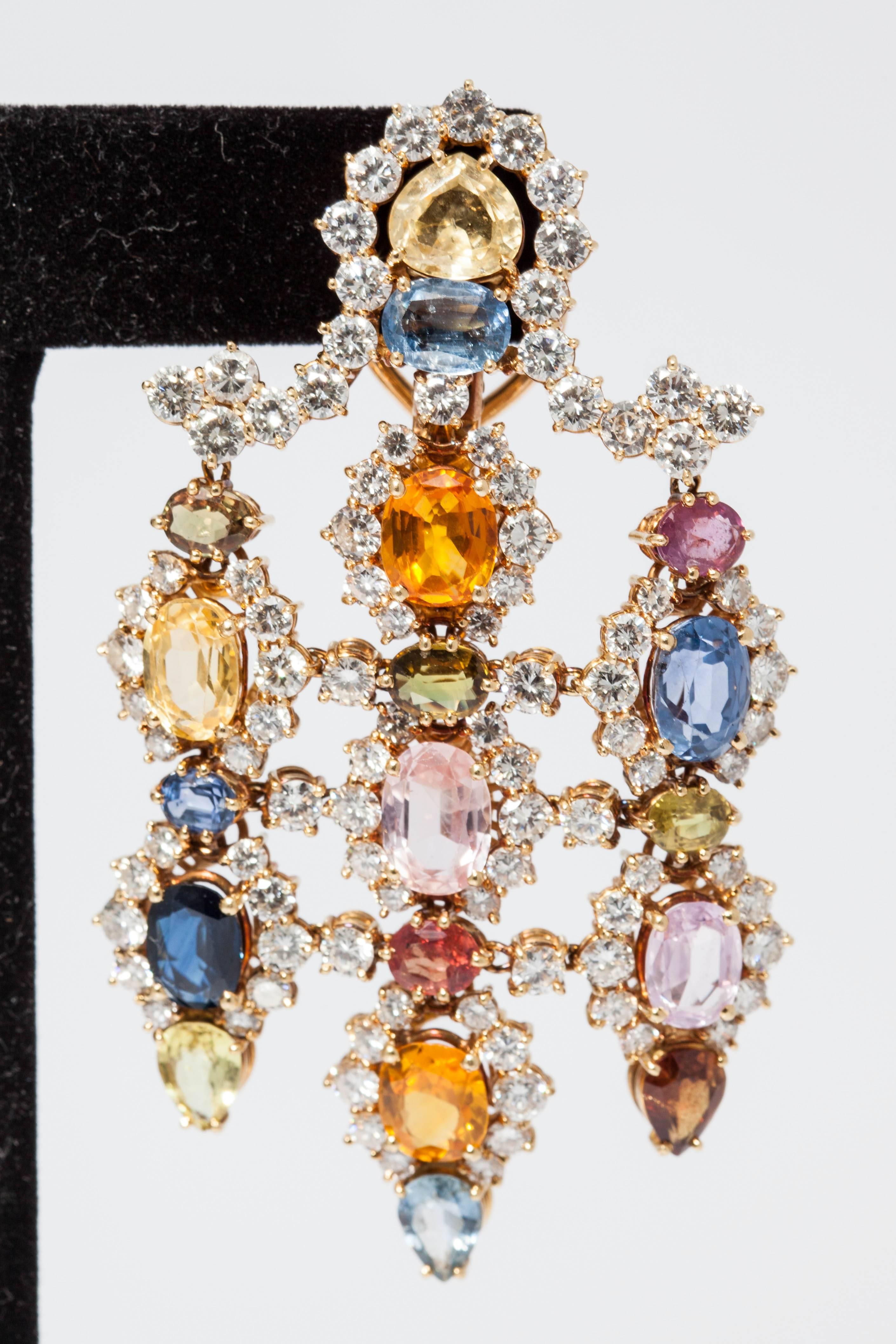 1960s Multicolor Natural Sapphire Diamond Gold Chandelier Ear Pendants  In Excellent Condition In New York, NY