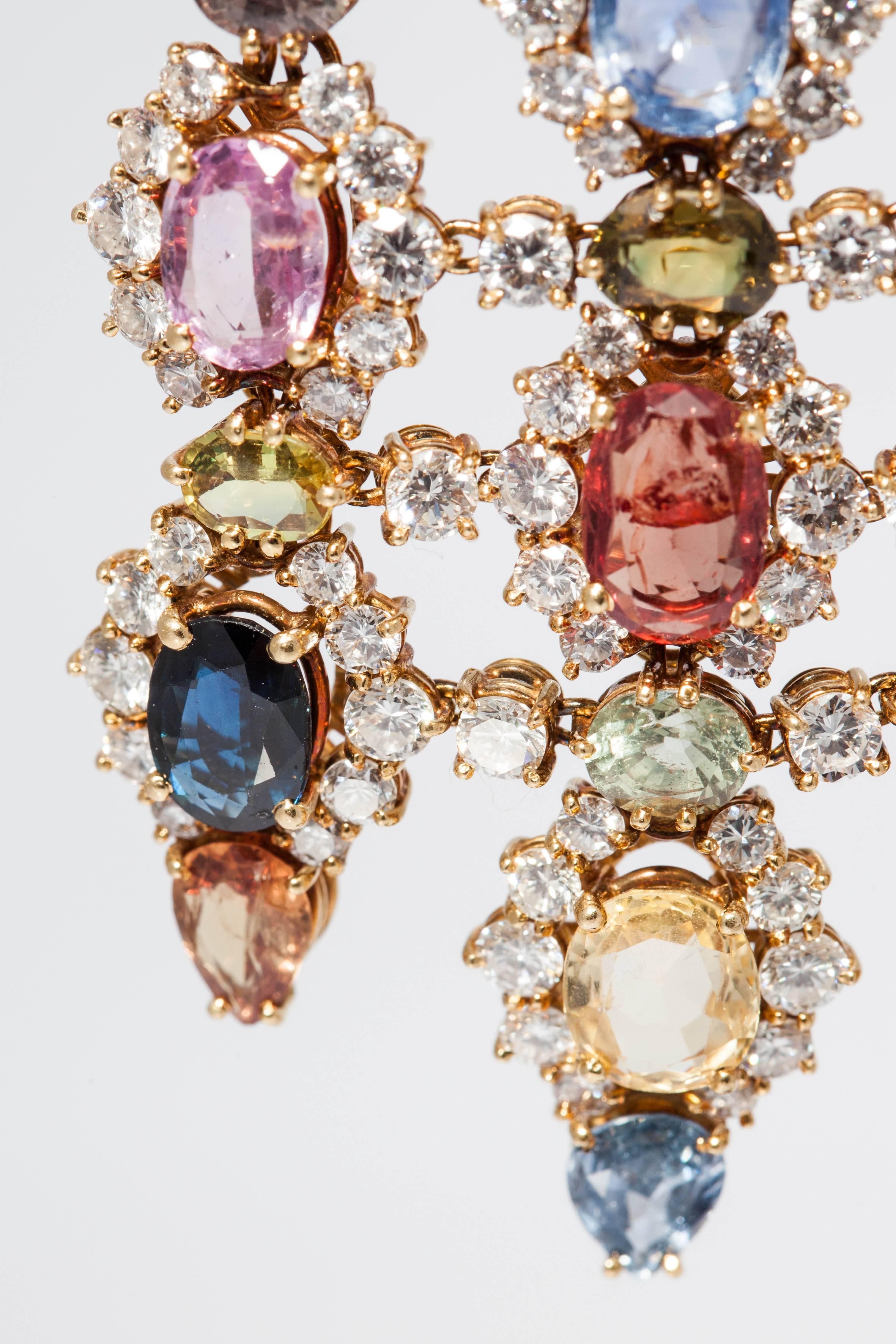 Women's 1960s Multicolor Natural Sapphire Diamond Gold Chandelier Ear Pendants 