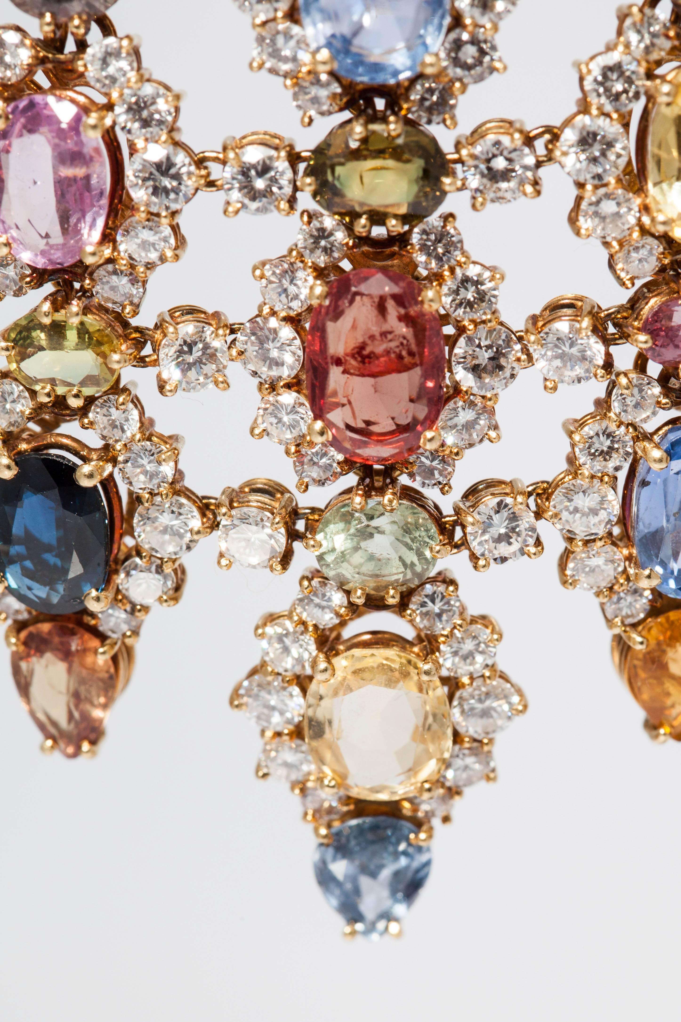 1960s Multicolor Natural Sapphire Diamond Gold Chandelier Ear Pendants  1
