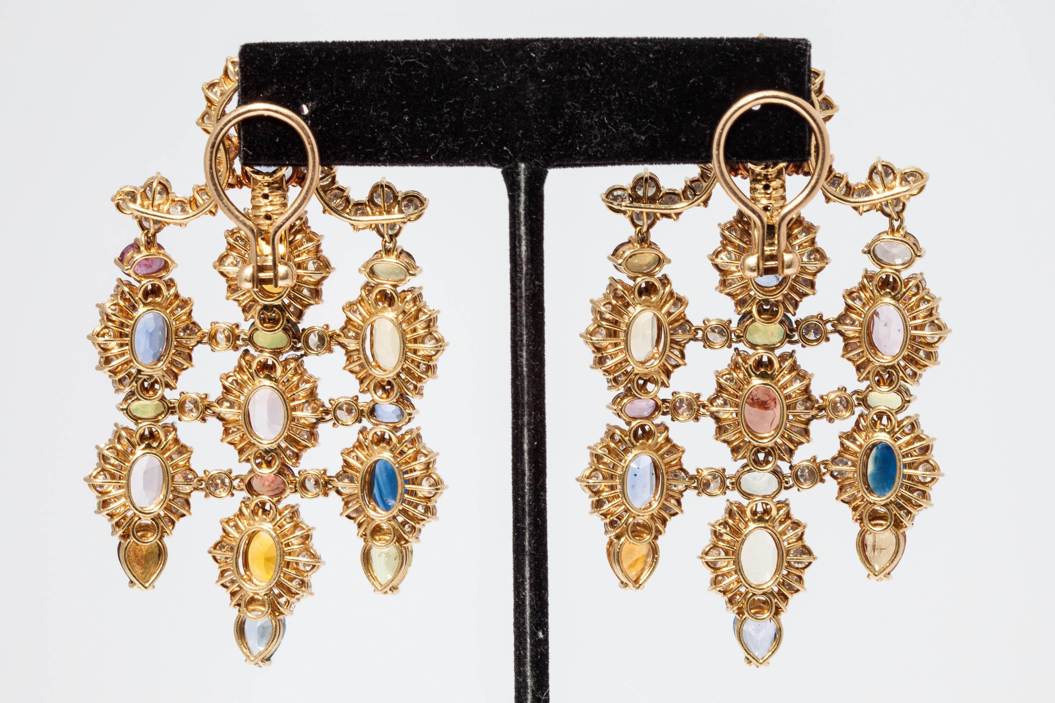 1960s Multicolor Natural Sapphire Diamond Gold Chandelier Ear Pendants  2