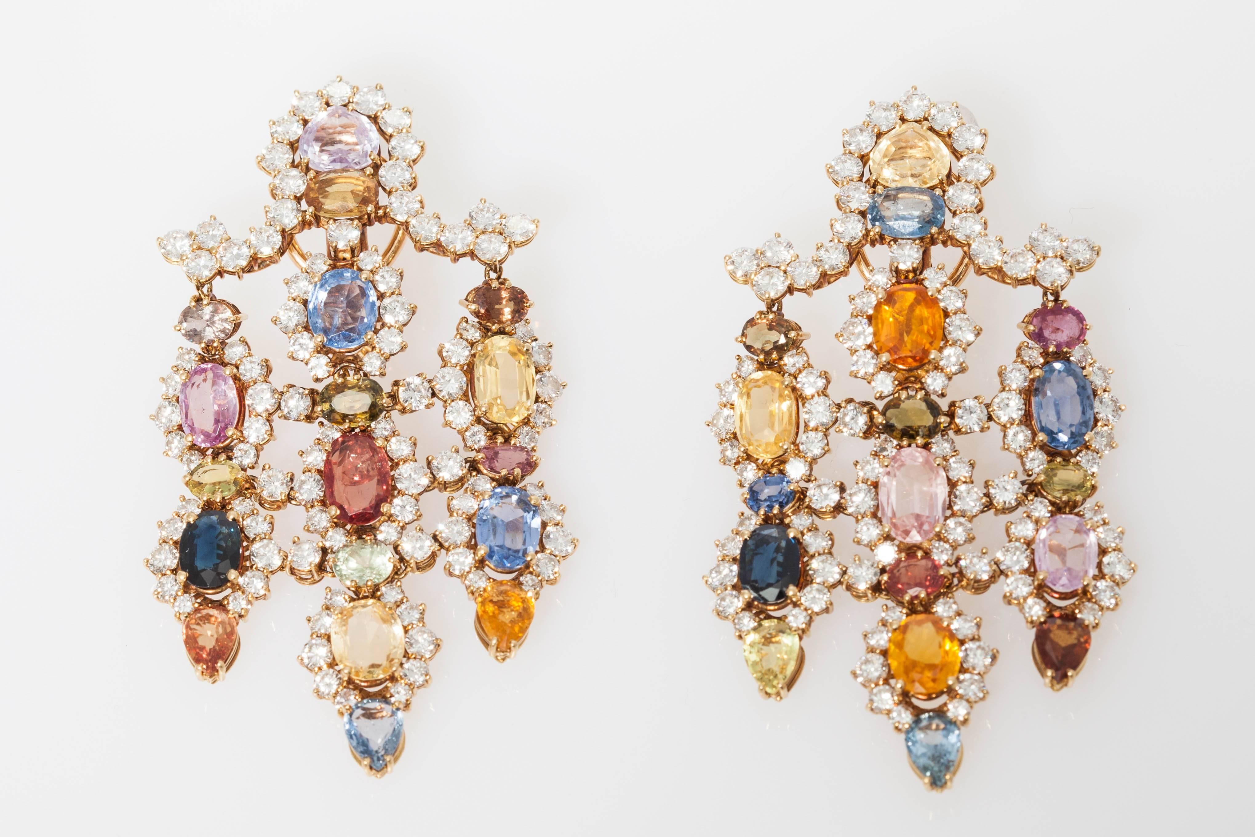 1960s Multicolor Natural Sapphire Diamond Gold Chandelier Ear Pendants  3