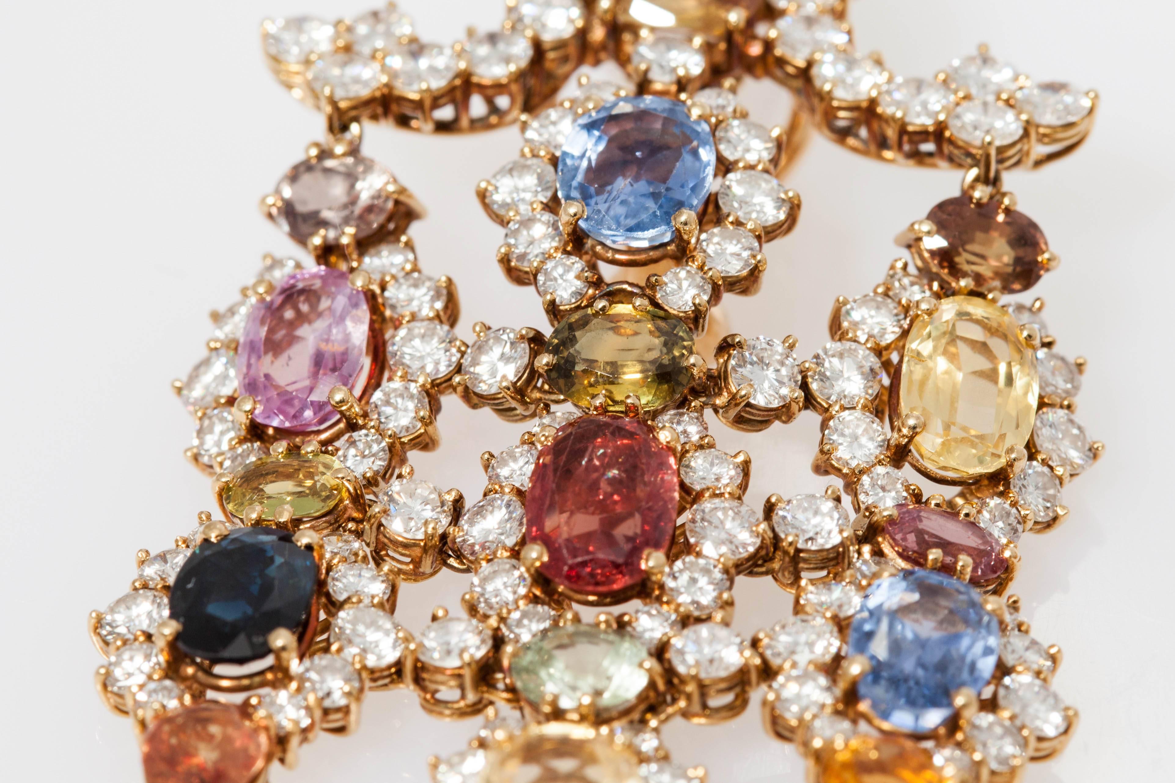 1960s Multicolor Natural Sapphire Diamond Gold Chandelier Ear Pendants  4
