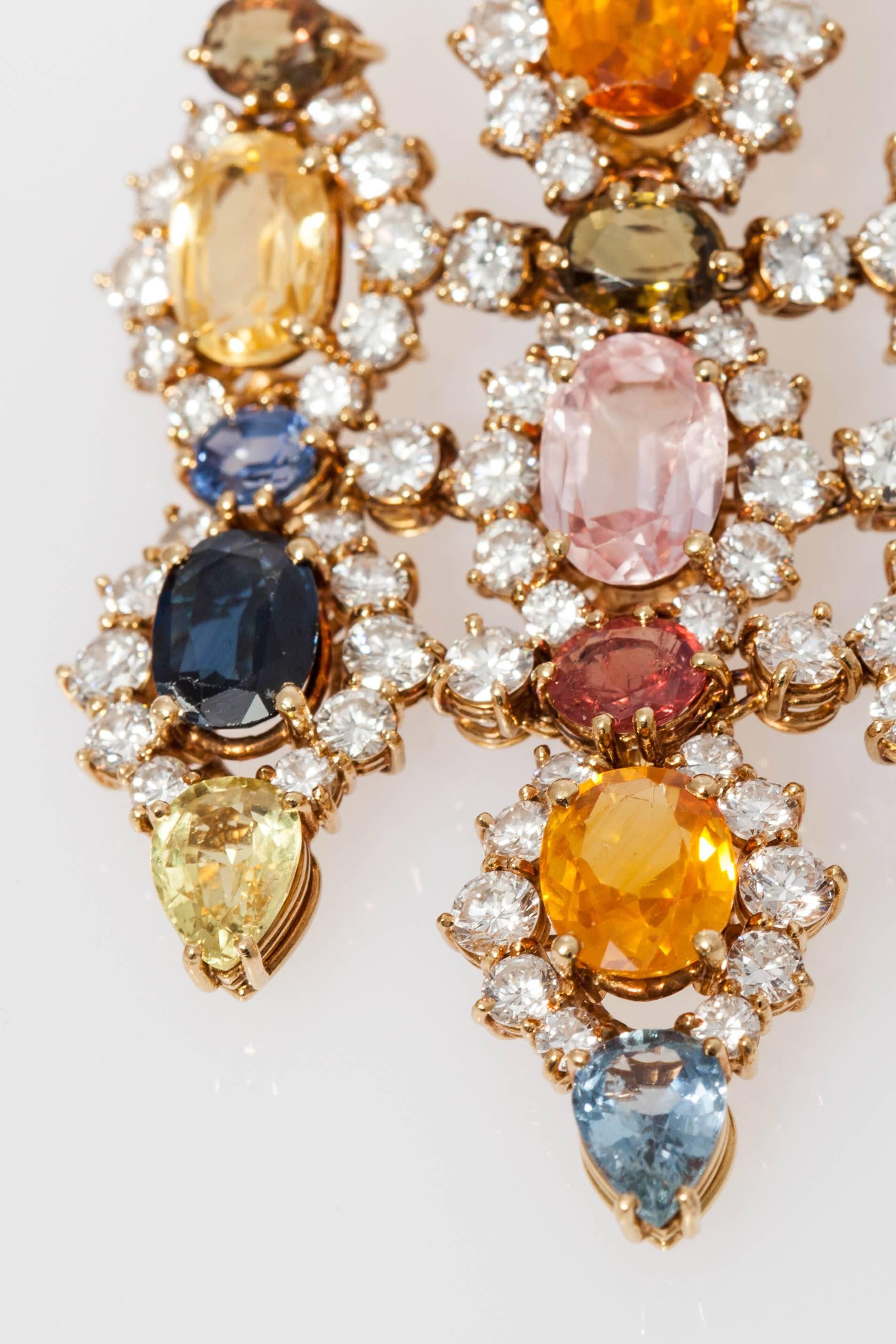 1960s Multicolor Natural Sapphire Diamond Gold Chandelier Ear Pendants  5