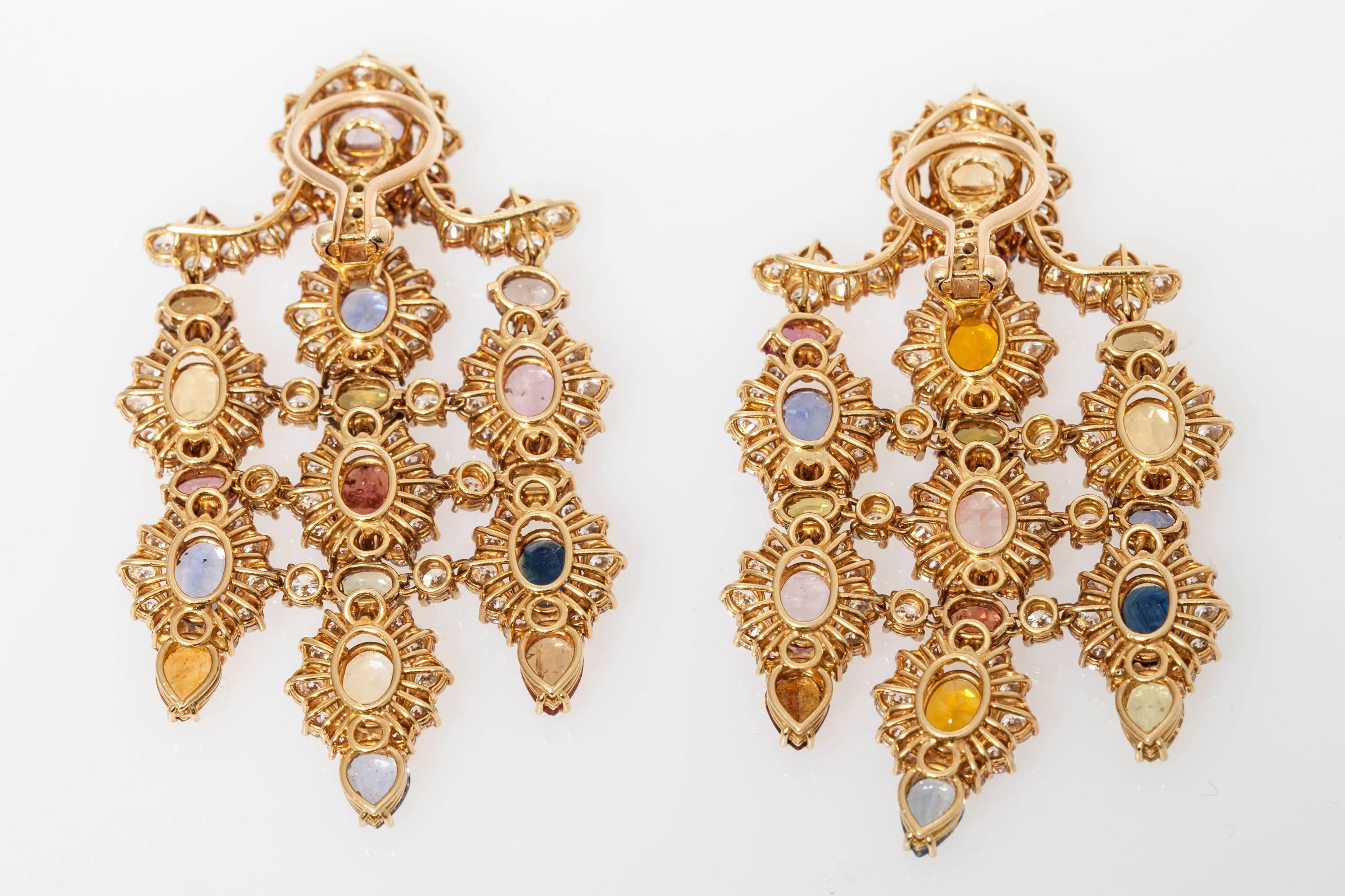 1960s Multicolor Natural Sapphire Diamond Gold Chandelier Ear Pendants  6