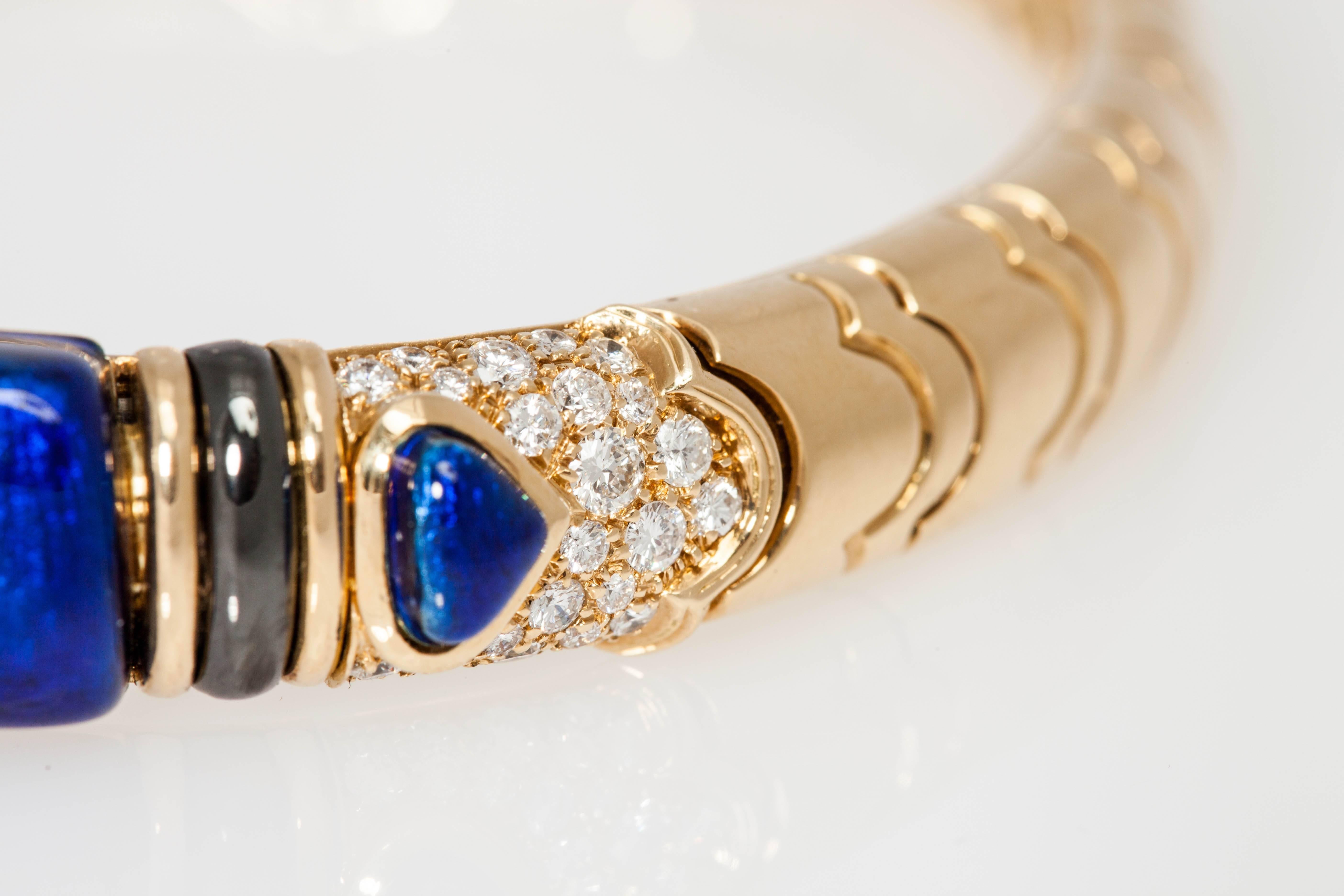 A sophisticated choker necklace by Marina B, with blue enamel, diamonds and hematite. Made in Italy, circa 1984.