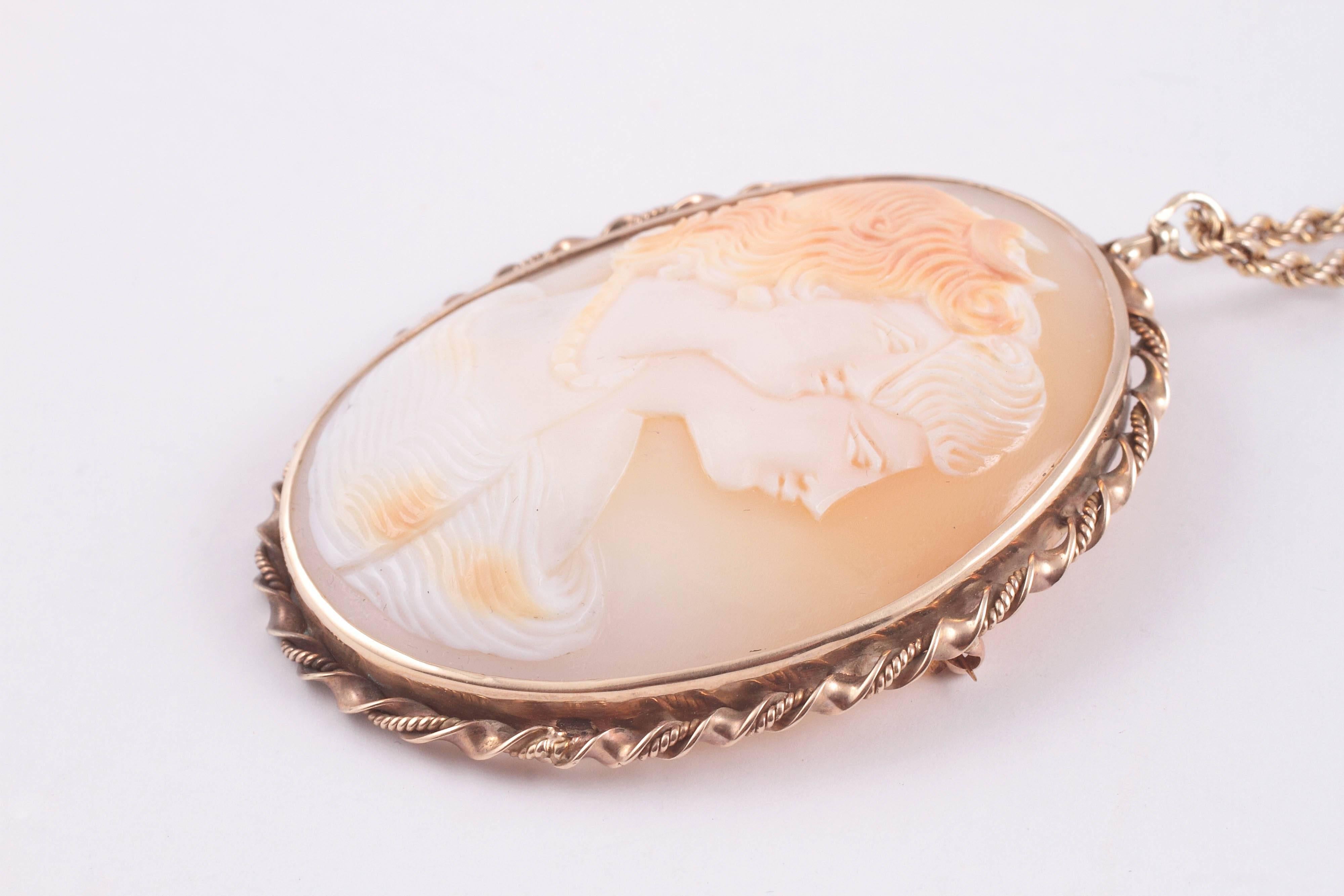 Gold Shell Cameo Pin Pendant on Chain In Excellent Condition In Dallas, TX