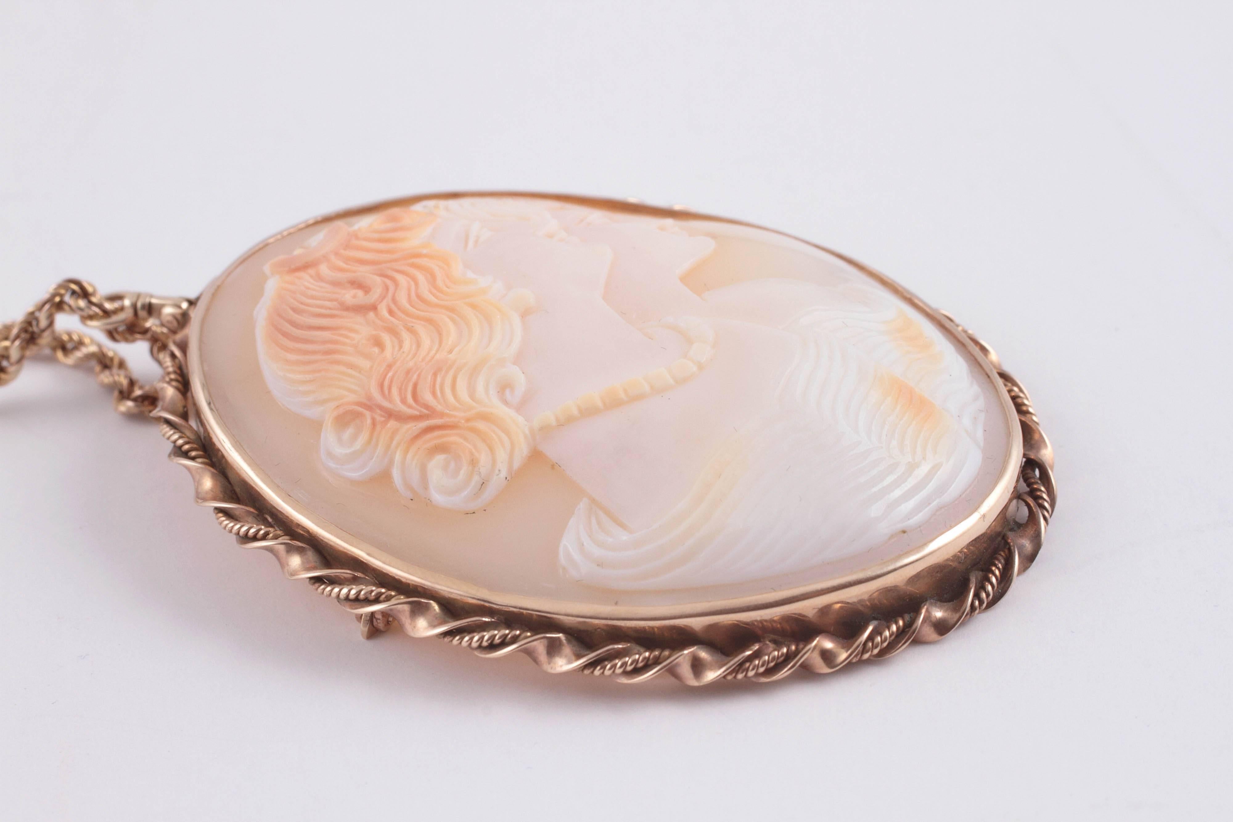 Gold Shell Cameo Pin Pendant on Chain 3