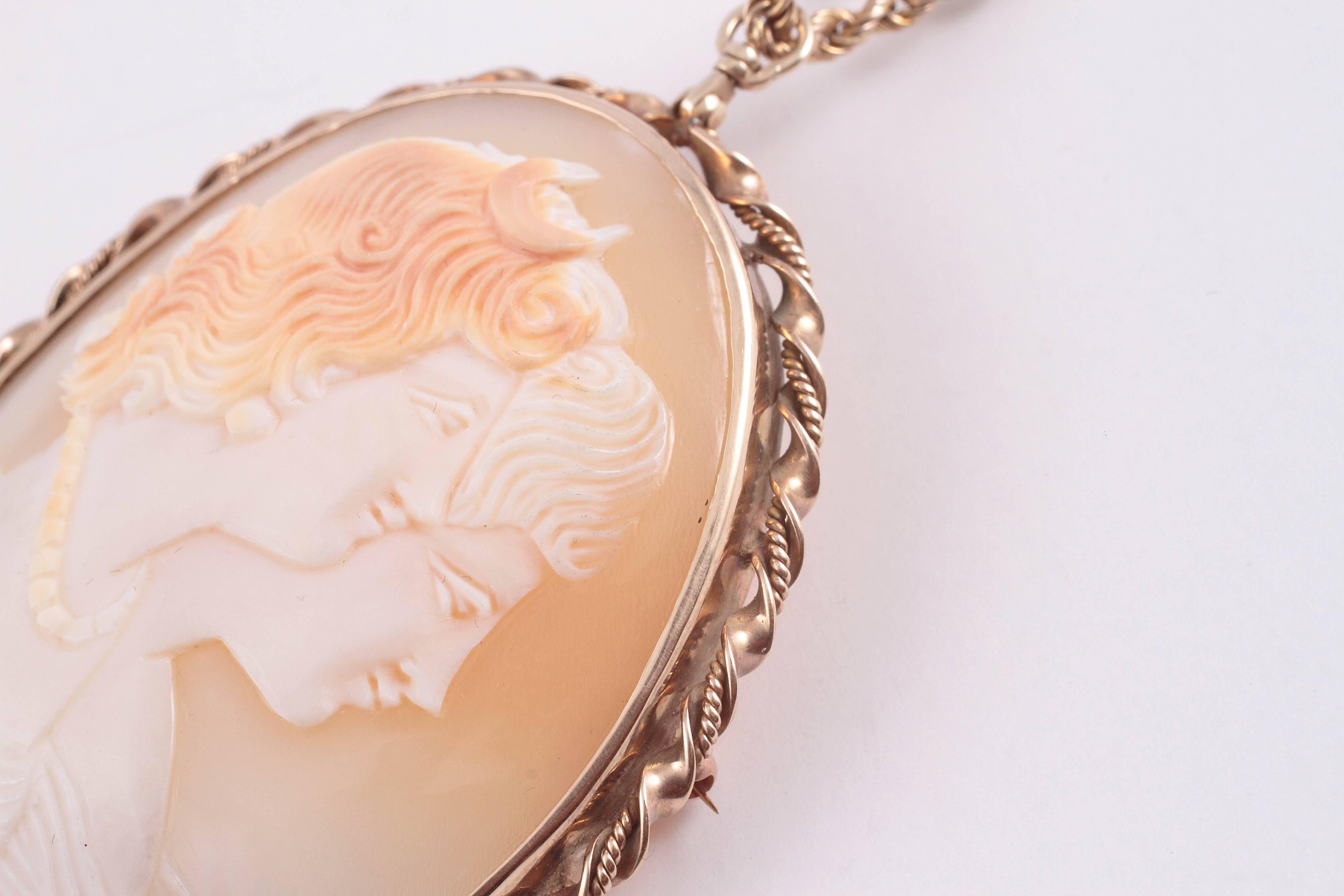 Gold Shell Cameo Pin Pendant on Chain 4