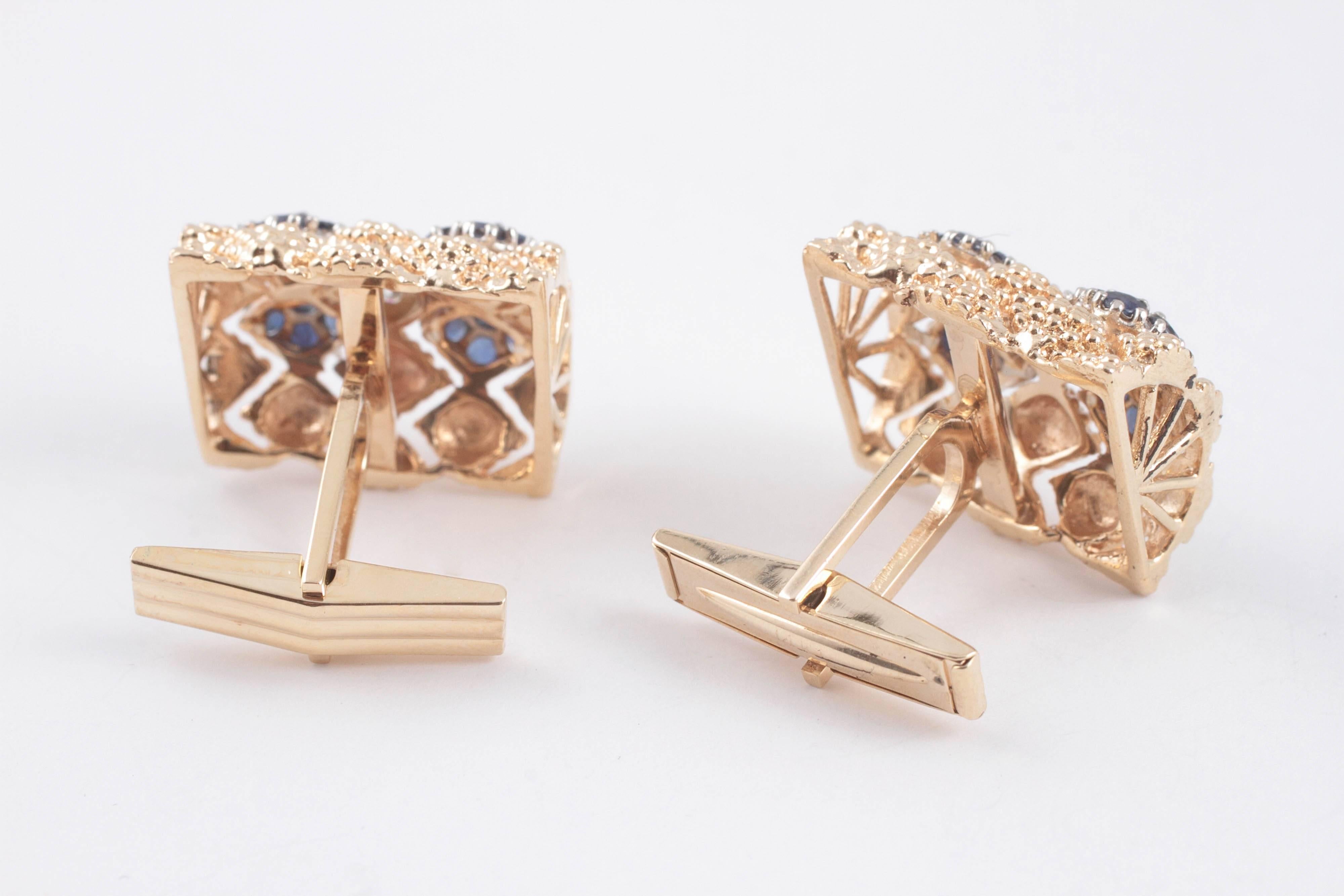 Women's or Men's Sapphire Diamond Textured Gold Cufflinks 