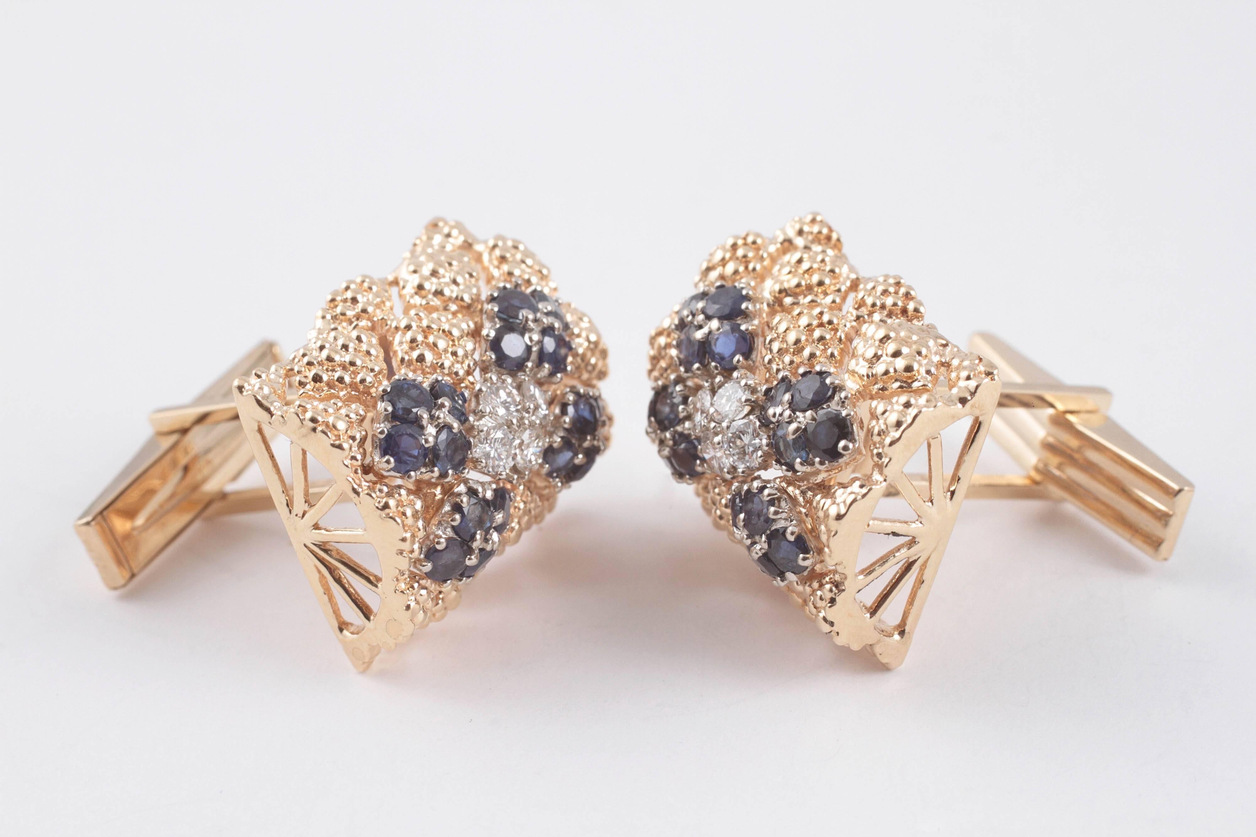 Sapphire Diamond Textured Gold Cufflinks  2