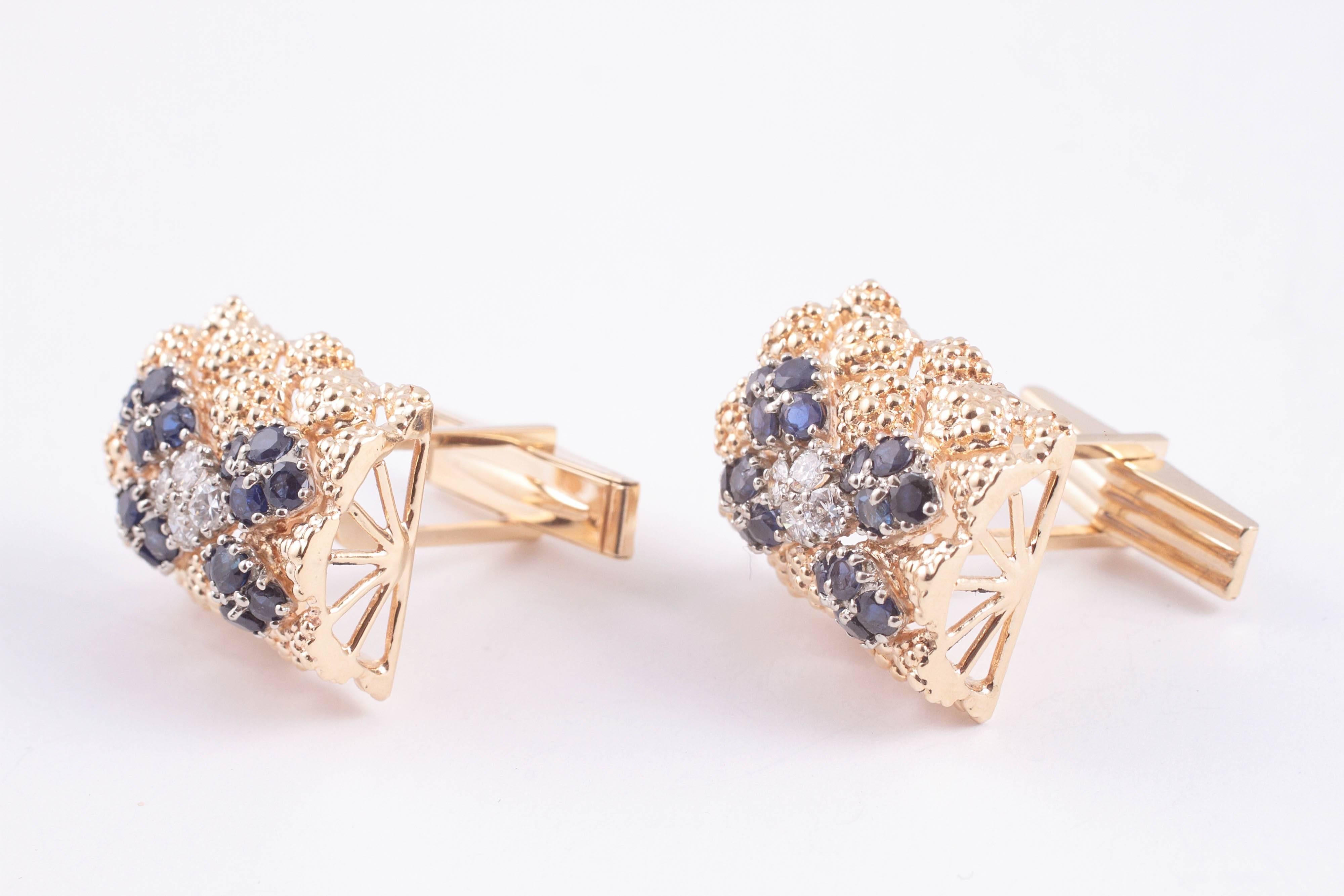 Sapphire Diamond Textured Gold Cufflinks  3