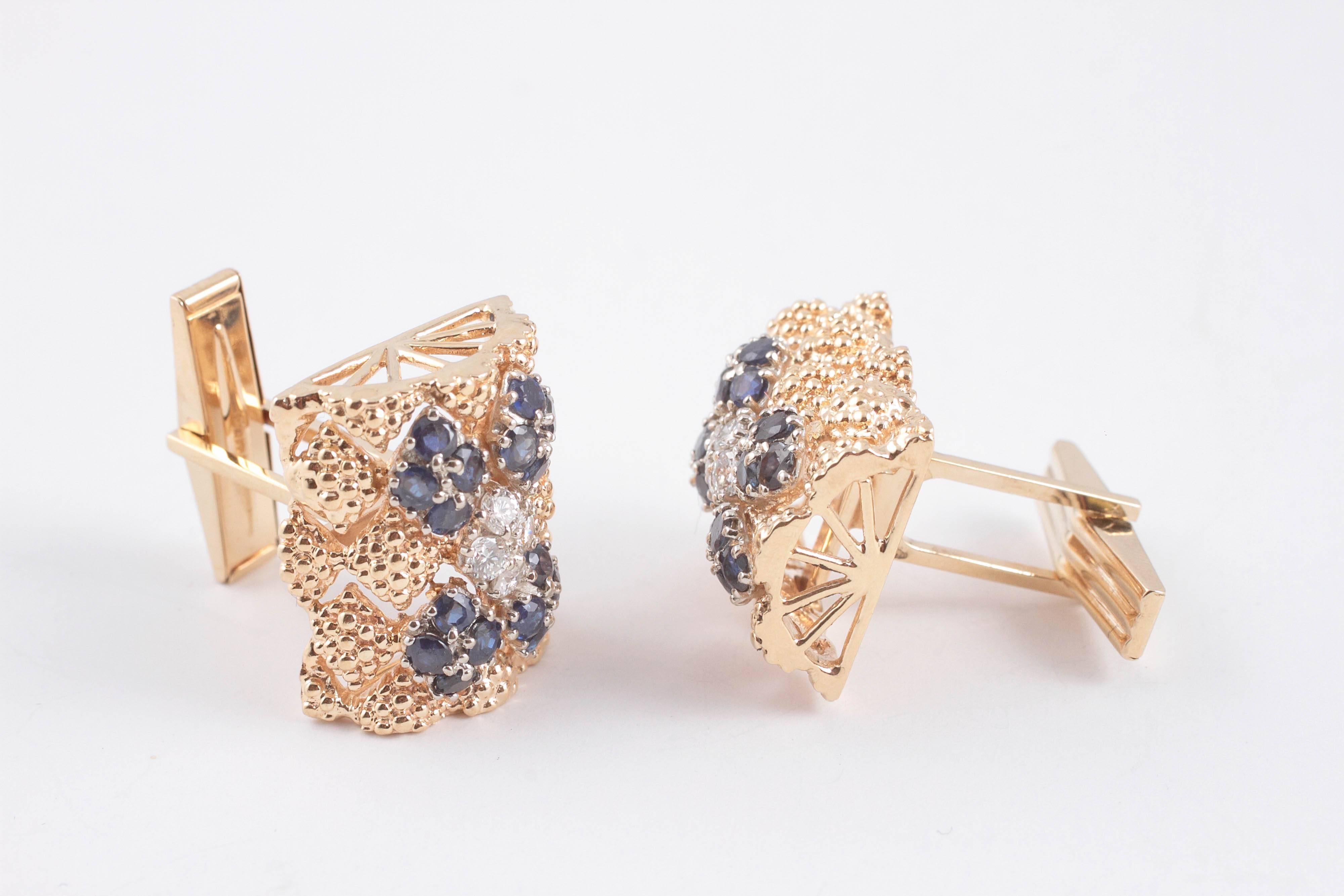 Sapphire Diamond Textured Gold Cufflinks  4