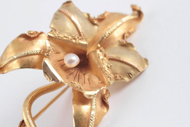 Pearl Gold Orchid Shaped Brooch at 1stDibs