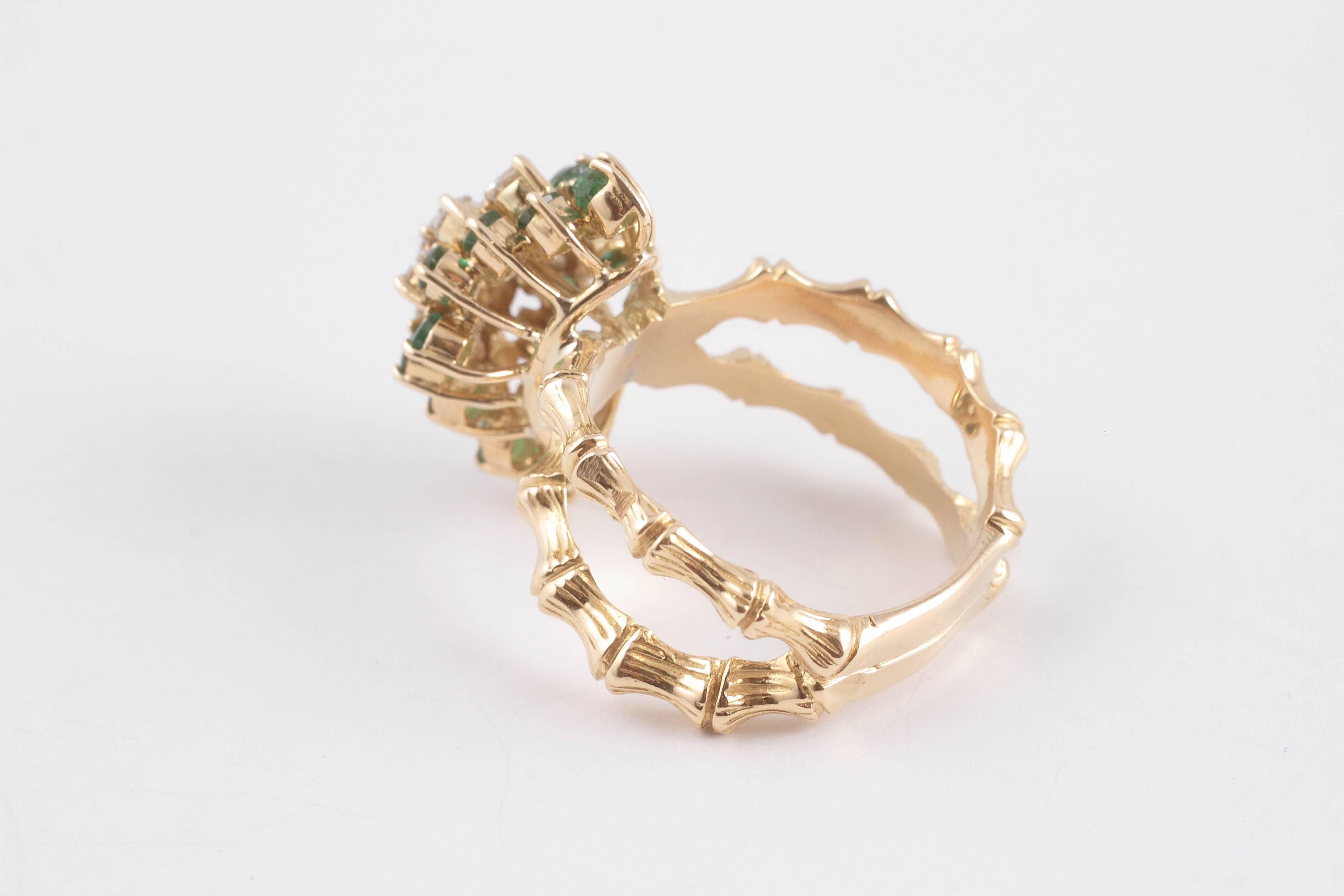 Emerald Diamond Gold Bamboo Style Ring In Excellent Condition In Dallas, TX