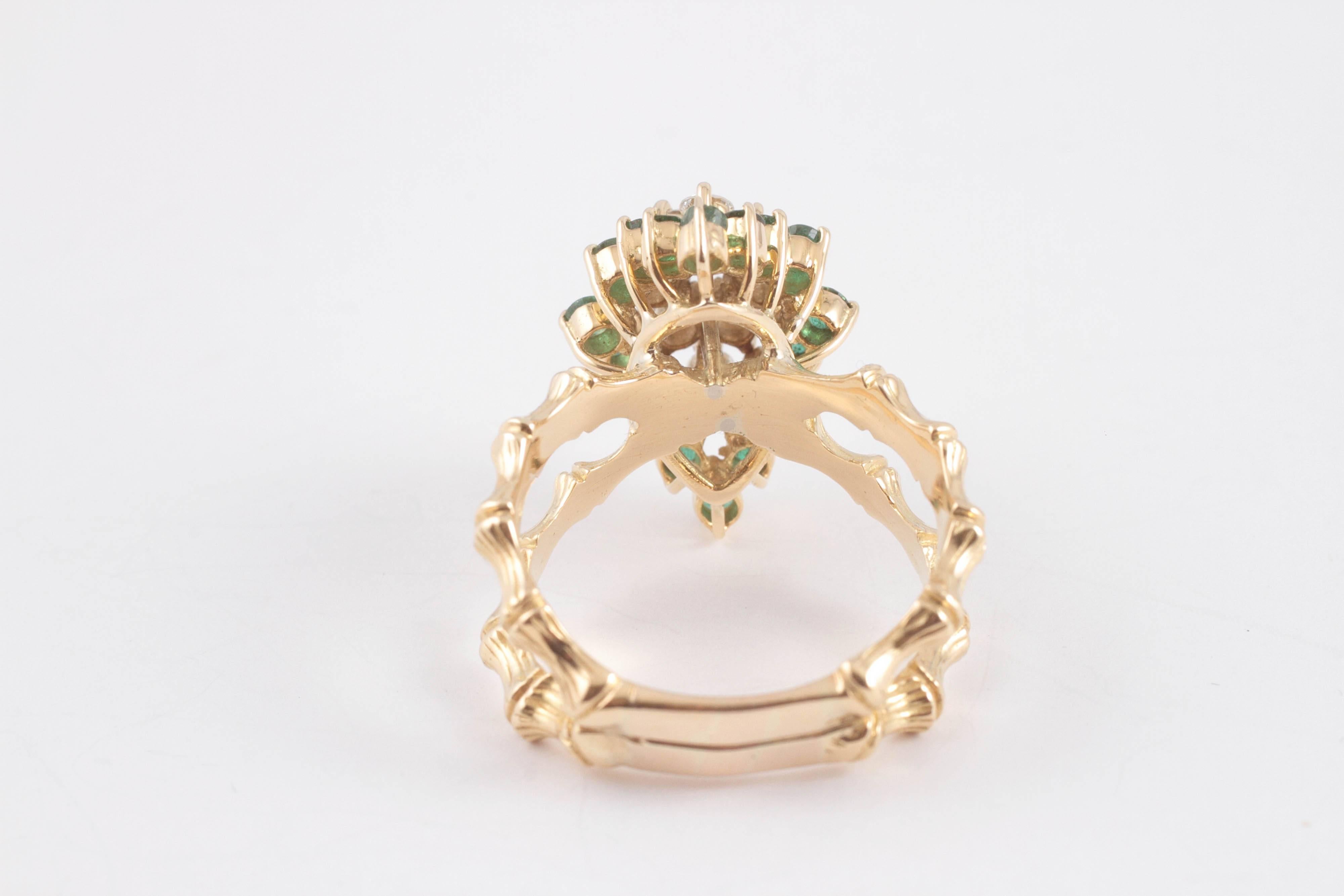 Women's Emerald Diamond Gold Bamboo Style Ring