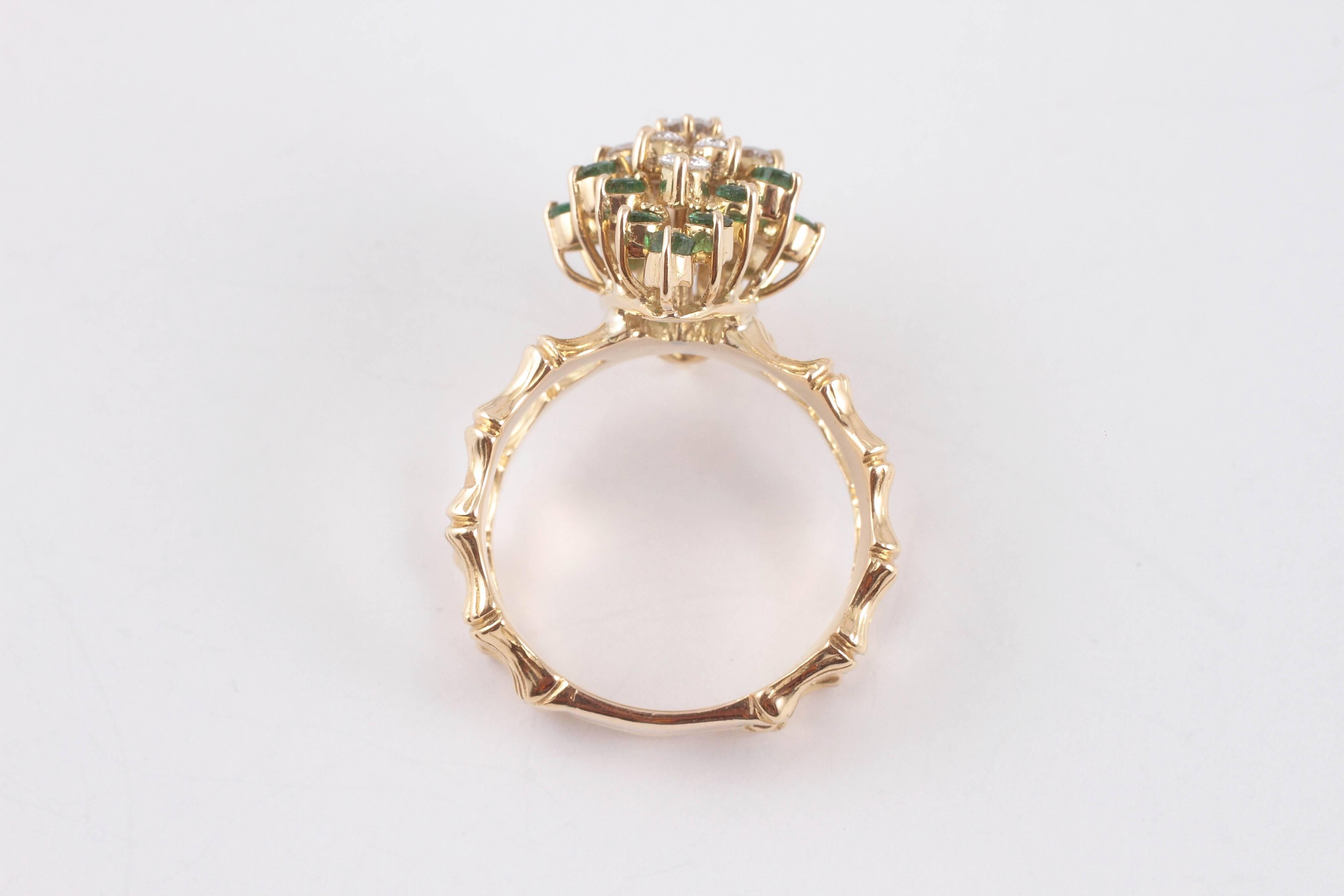 Emerald Diamond Gold Bamboo Style Ring 1